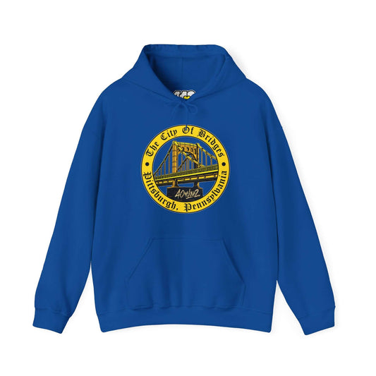 City of Bridges Hoodie | The City of Bridges Apparel Color: Royal. 50/50 cotton-poly blend, cozy fit, kangaroo pocket, adjustable drawstring hood.