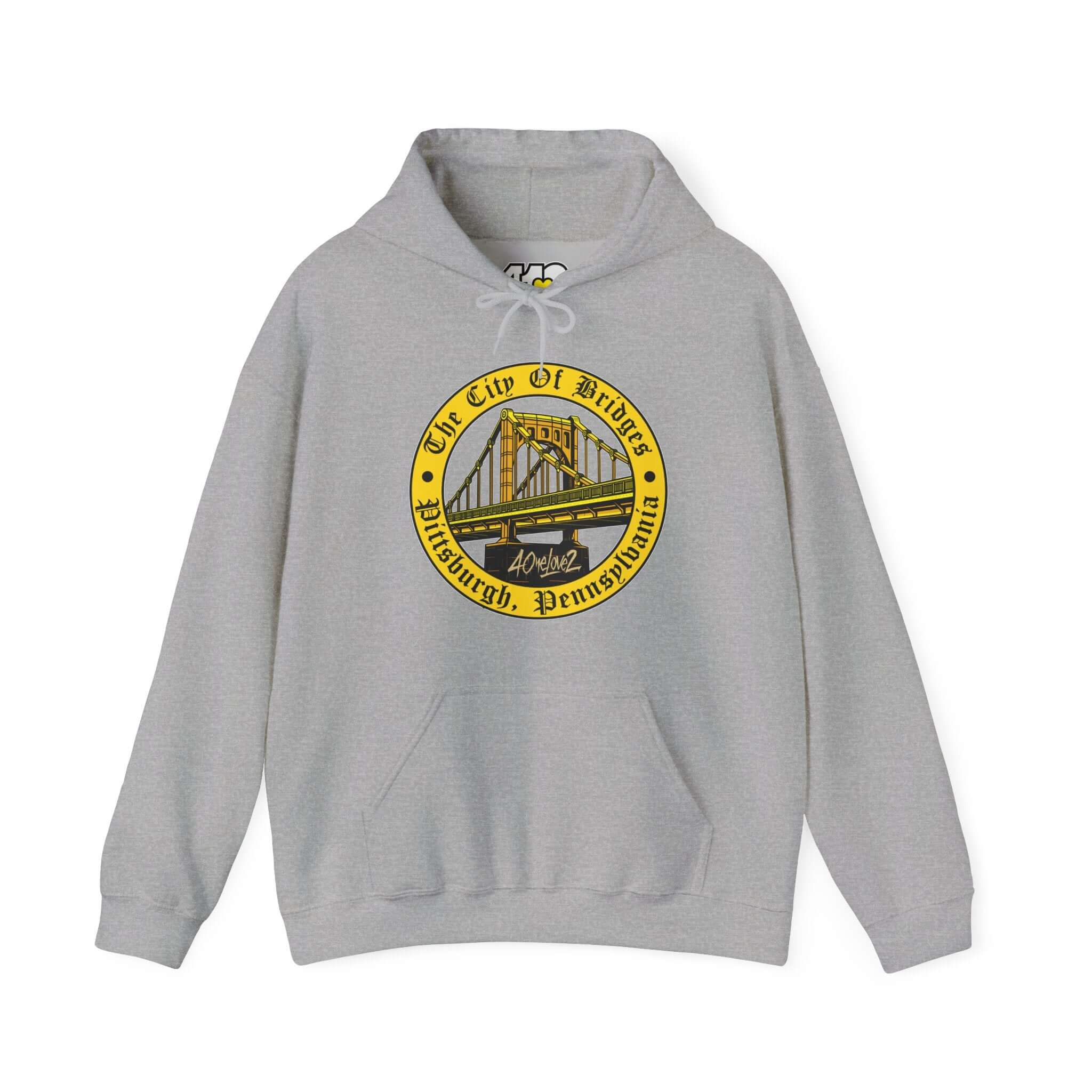 City of Bridges Hoodie | The City of Bridges Apparel Color: Sport Grey. 50/50 cotton-poly blend, cozy fit, kangaroo pocket, adjustable drawstring hood.