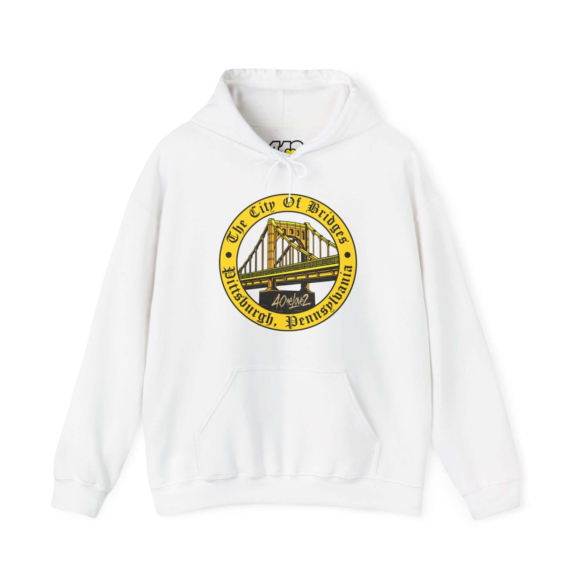 City of Bridges Hoodie | The City of Bridges Apparel Color: White. 50/50 cotton-poly blend, cozy fit, kangaroo pocket, adjustable drawstring hood.