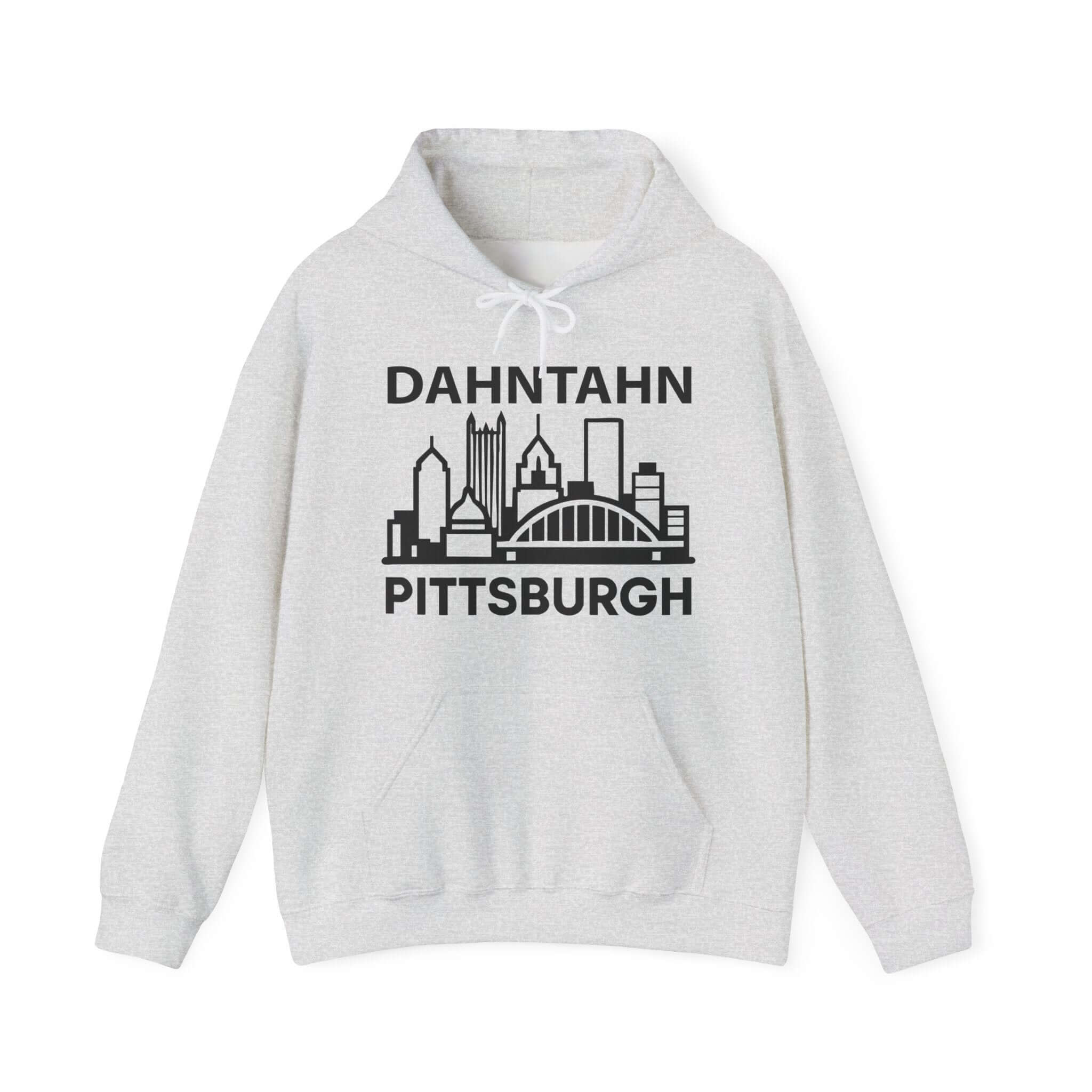 Dahntahn Pittsburgh Hoodie | Black Logo. Apparel Color: Ash. 50/50 cotton-poly blend, cozy fit, kangaroo pocket, adjustable drawstring hood.