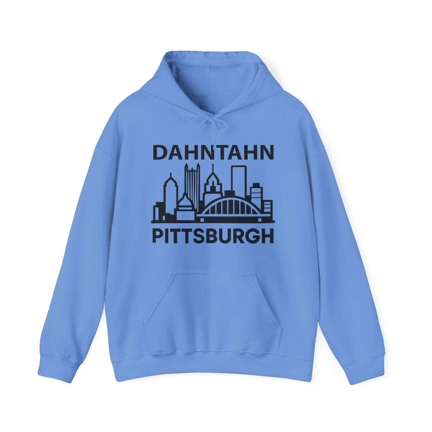 Dahntahn Pittsburgh Hoodie | Black Logo. Apparel Color: Carolina Blue. 50/50 cotton-poly blend, cozy fit, kangaroo pocket, adjustable drawstring hood.