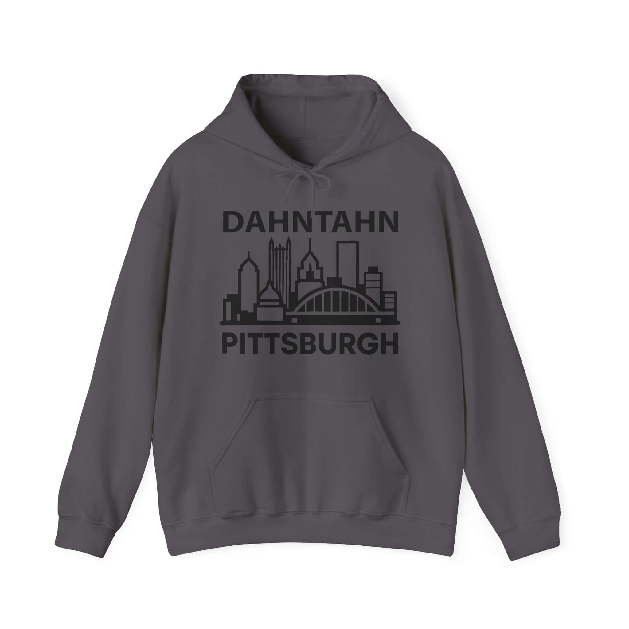 Dahntahn Pittsburgh Hoodie | Black Logo. Apparel Color: Charcoal. 50/50 cotton-poly blend, cozy fit, kangaroo pocket, adjustable drawstring hood.