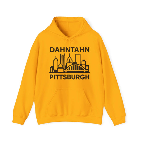 Dahntahn Pittsburgh Hoodie | Black Logo. Apparel Color: Gold. 50/50 cotton-poly blend, cozy fit, kangaroo pocket, adjustable drawstring hood.