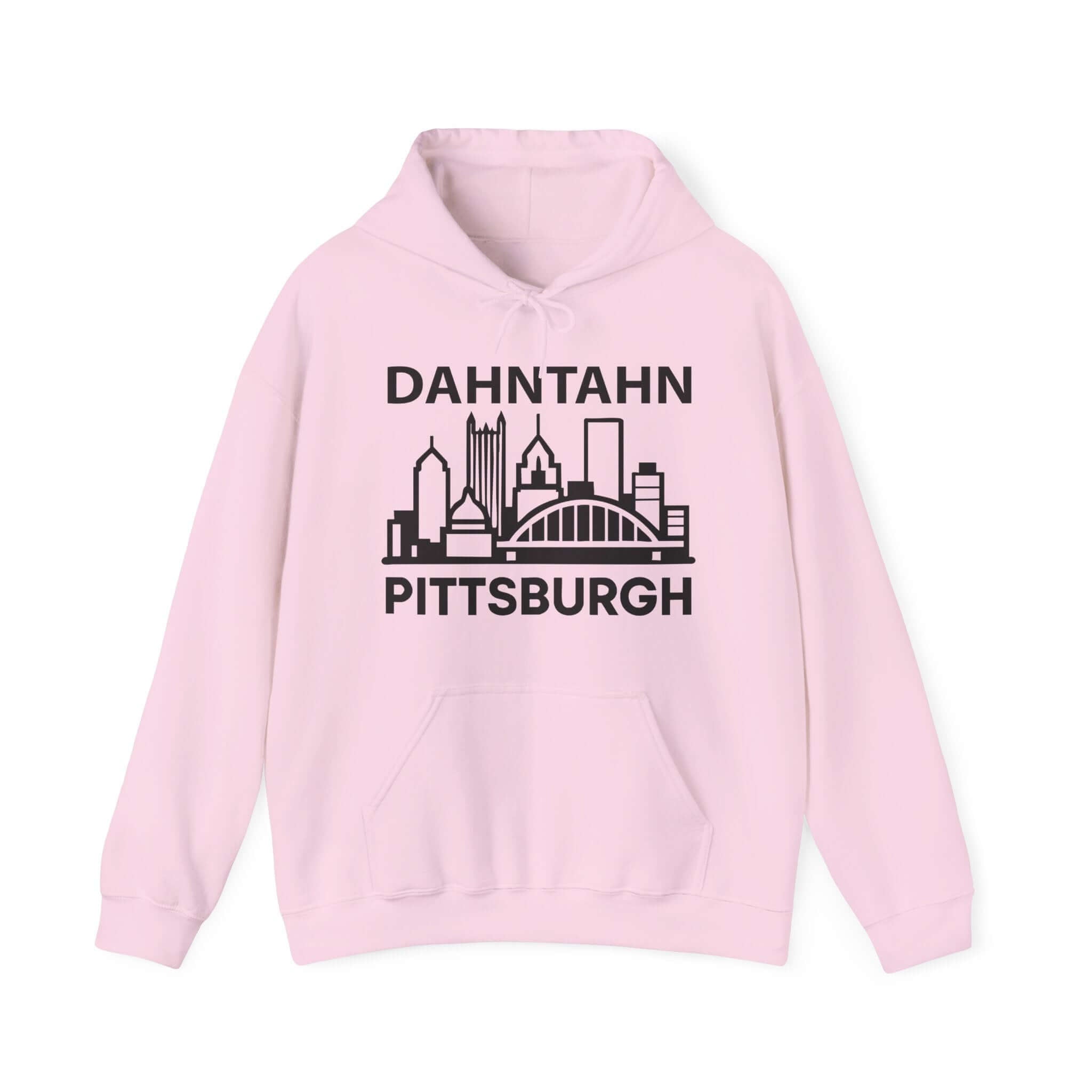 Dahntahn Pittsburgh Hoodie | Black Logo. Apparel Color: Light Pink. 50/50 cotton-poly blend, cozy fit, kangaroo pocket, adjustable drawstring hood.