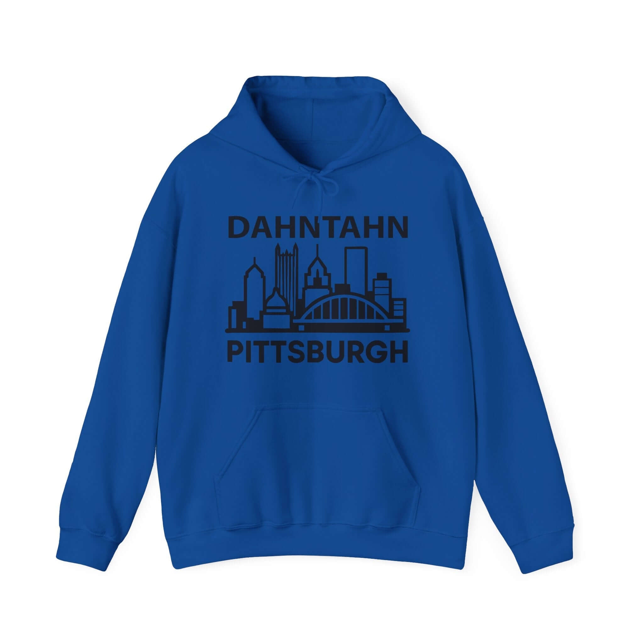 Dahntahn Pittsburgh Hoodie | Black Logo. Apparel Color: Royal. 50/50 cotton-poly blend, cozy fit, kangaroo pocket, adjustable drawstring hood.
