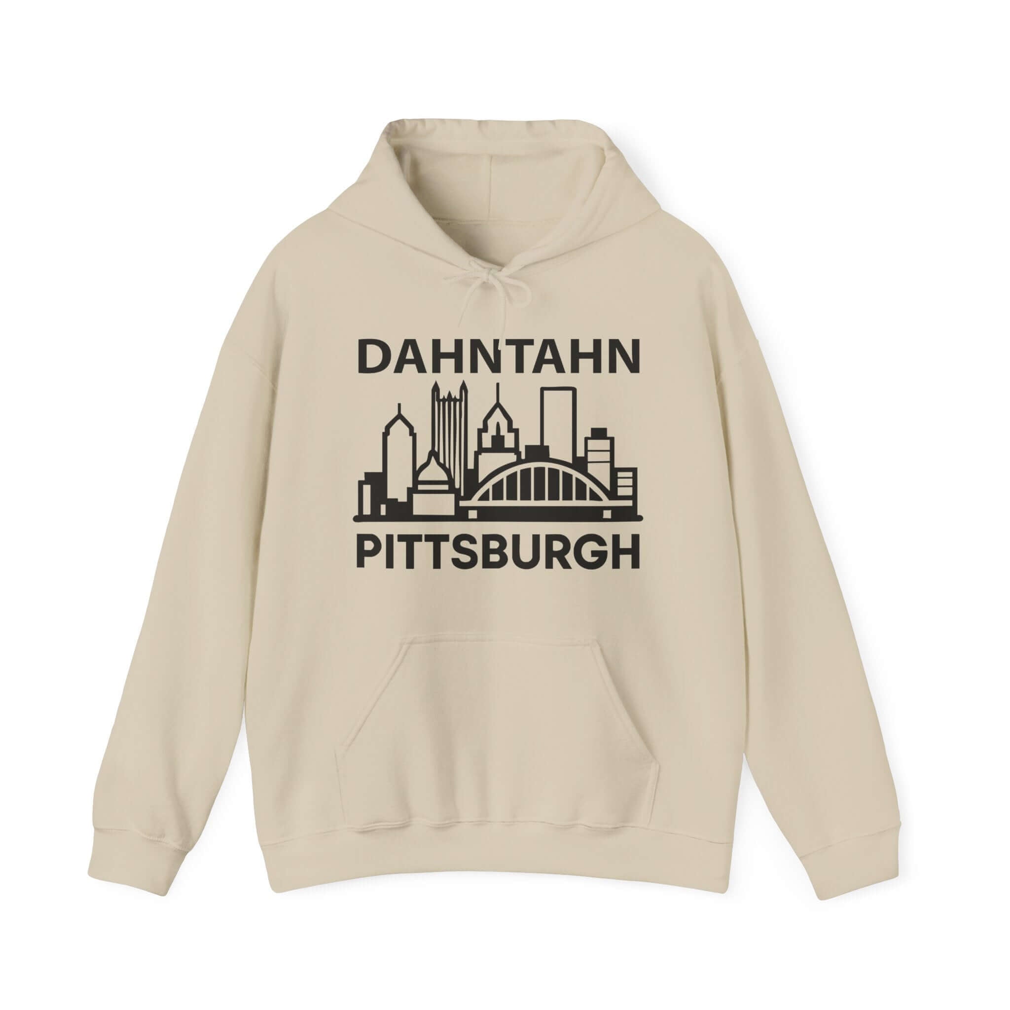Dahntahn Pittsburgh Hoodie | Black Logo. Apparel Color: Sand. 50/50 cotton-poly blend, cozy fit, kangaroo pocket, adjustable drawstring hood.