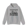 Dahntahn Pittsburgh Hoodie | Black Logo. Apparel Color: Sport Grey. 50/50 cotton-poly blend, cozy fit, kangaroo pocket, adjustable drawstring hood.