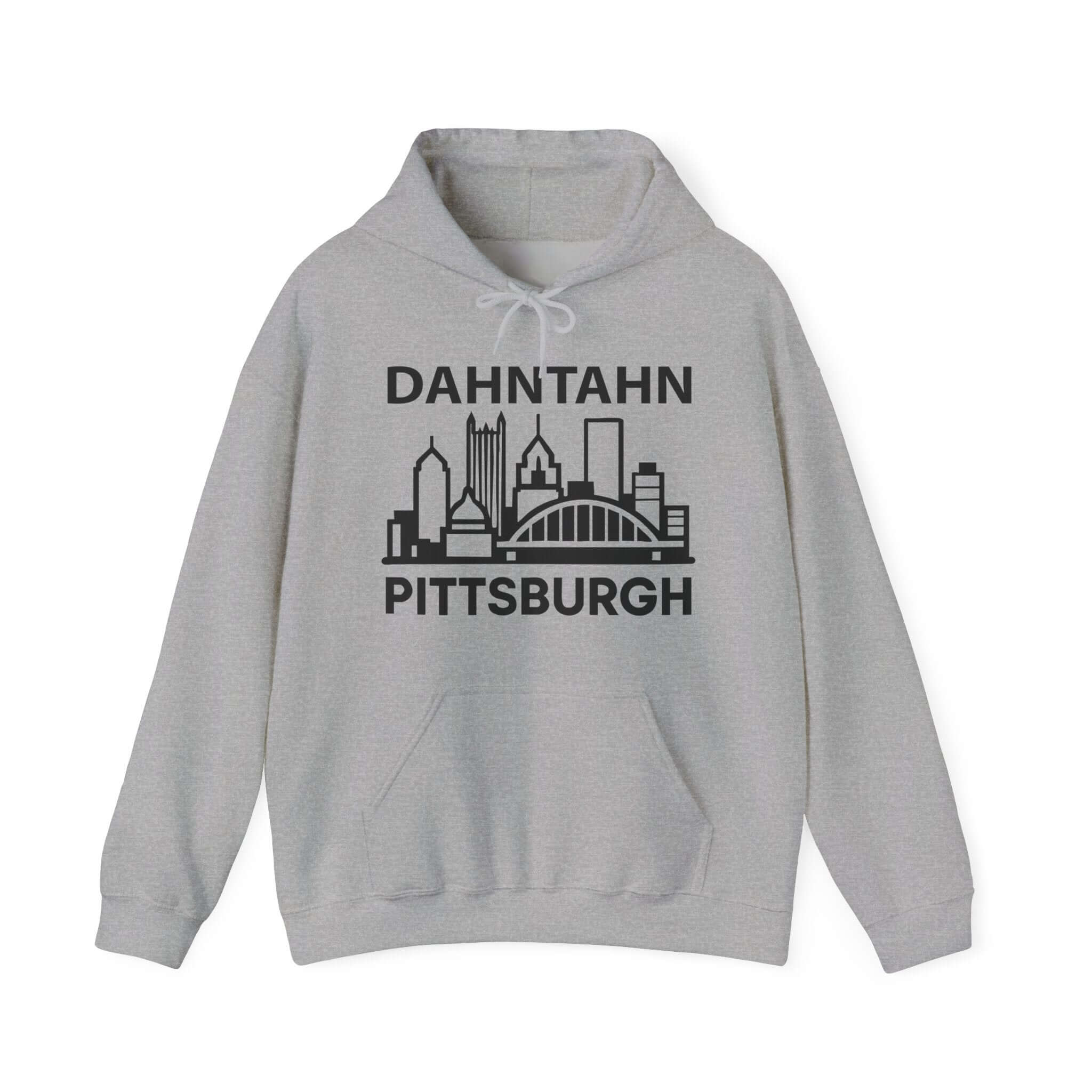 Dahntahn Pittsburgh Hoodie | Black Logo. Apparel Color: Sport Grey. 50/50 cotton-poly blend, cozy fit, kangaroo pocket, adjustable drawstring hood.
