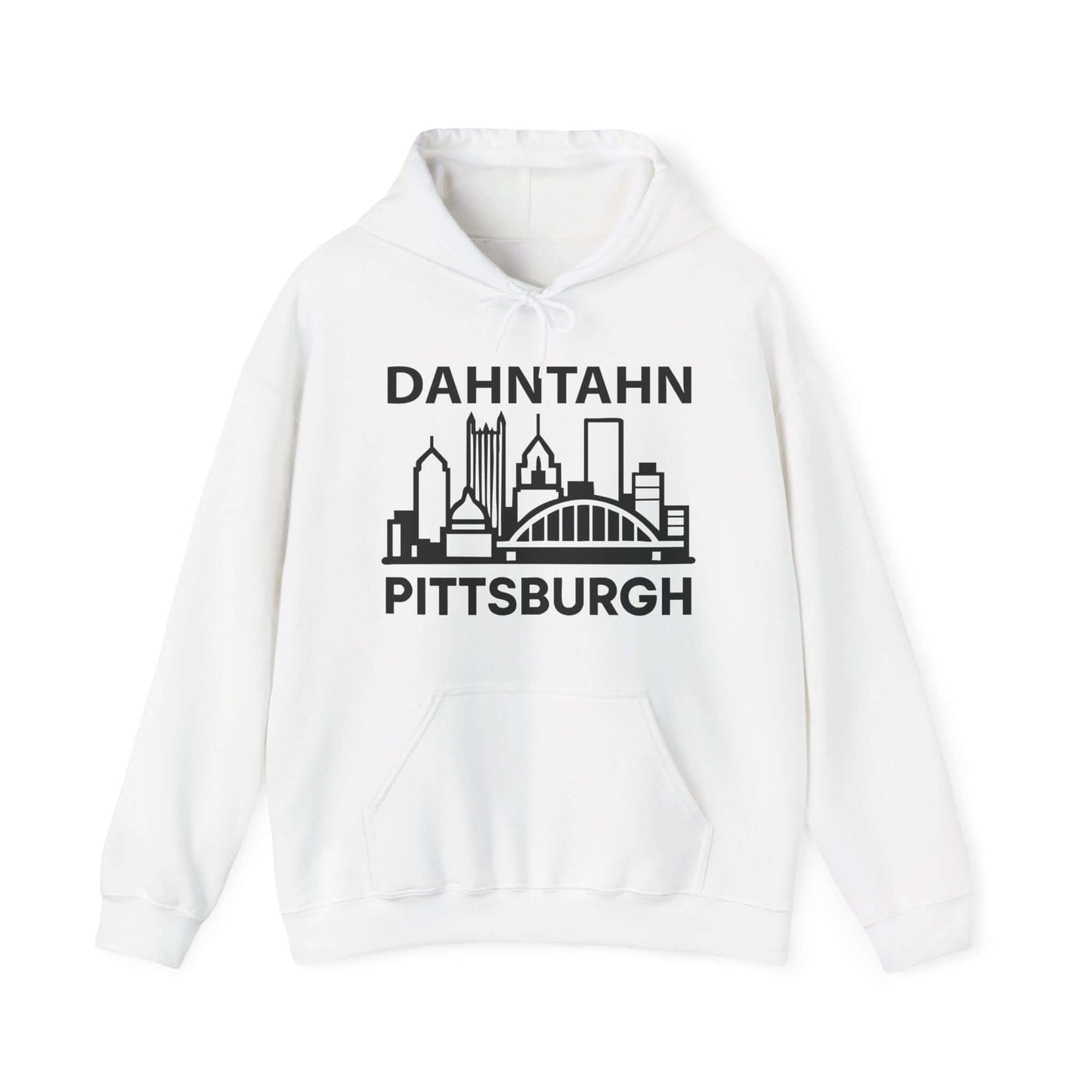 Dahntahn Pittsburgh Hoodie | Black Logo. Apparel Color: White. 50/50 cotton-poly blend, cozy fit, kangaroo pocket, adjustable drawstring hood.