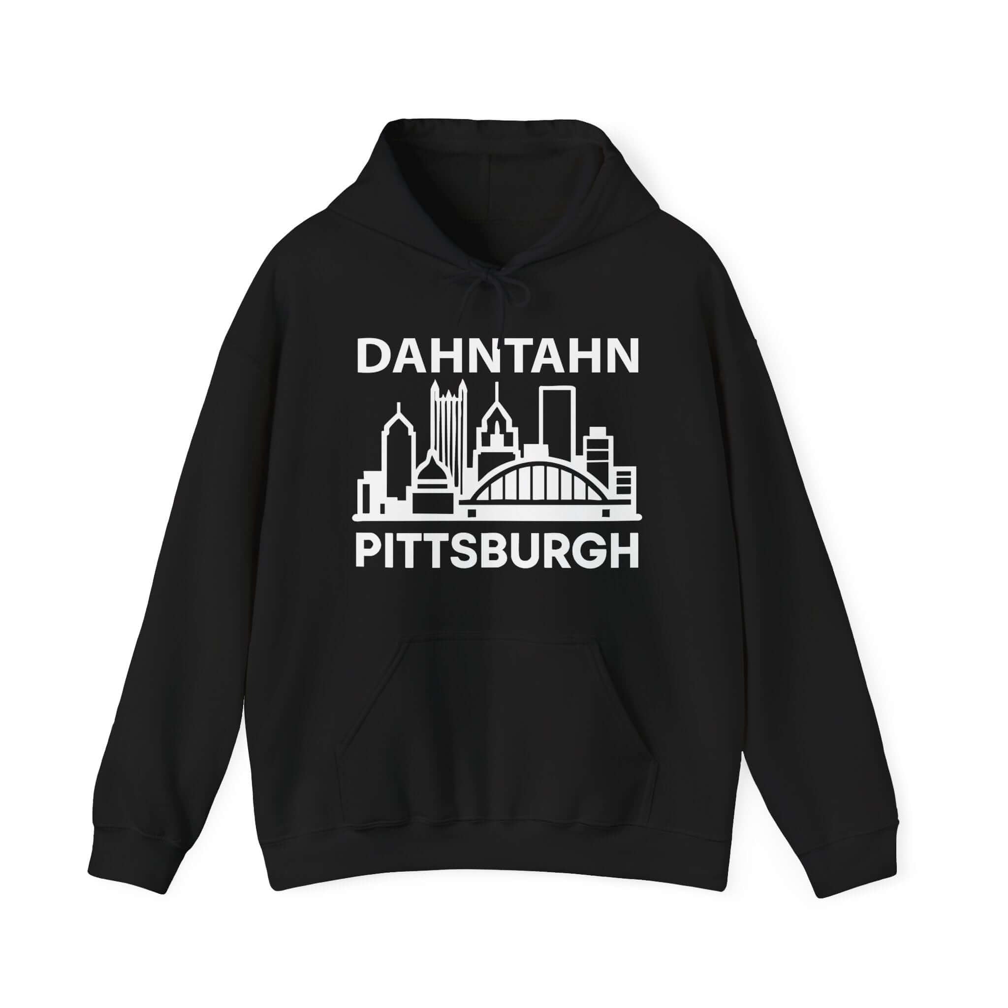 Dahntahn Pittsburgh Hoodie | White Logo. Apparel Color: Black. 50/50 cotton-poly blend, cozy fit, kangaroo pocket, adjustable drawstring hood.
