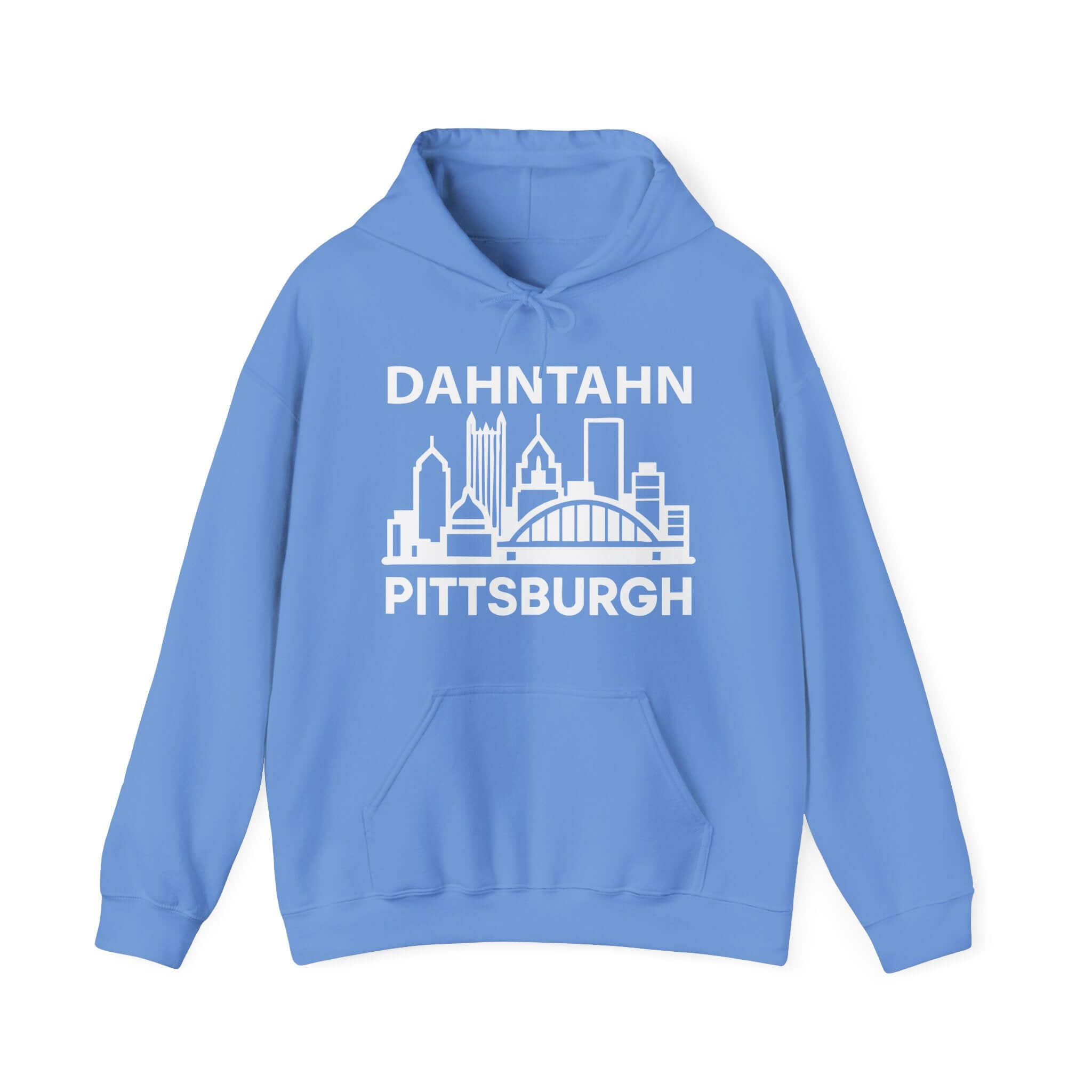 Dahntahn Pittsburgh Hoodie | White Logo. Apparel Color: Carolina Blue. 50/50 cotton-poly blend, cozy fit, kangaroo pocket, adjustable drawstring hood.