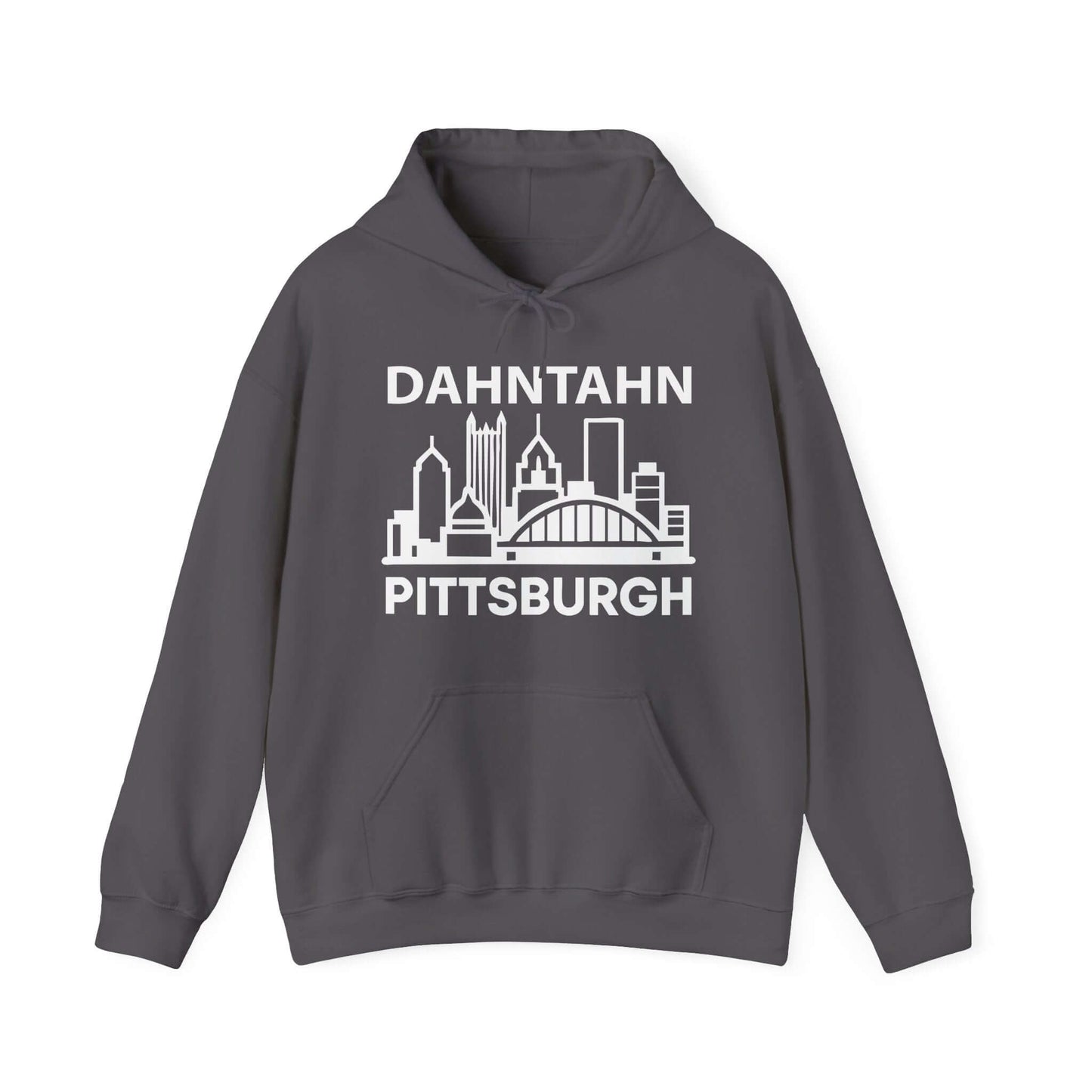 Dahntahn Pittsburgh Hoodie | White Logo. Apparel Color: Charcoal. 50/50 cotton-poly blend, cozy fit, kangaroo pocket, adjustable drawstring hood.