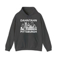 Dahntahn Pittsburgh Hoodie | White Logo. Apparel Color: Dark Heather. 50/50 cotton-poly blend, cozy fit, kangaroo pocket, adjustable drawstring hood.