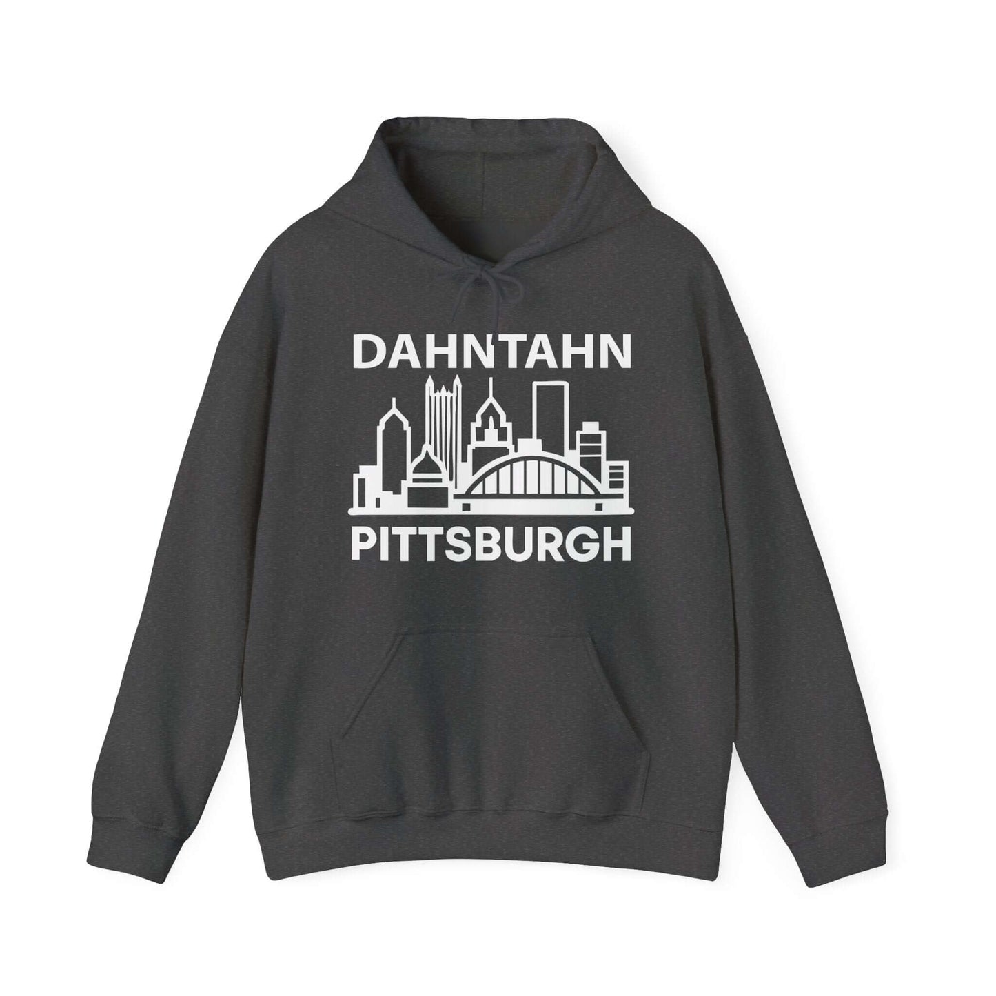 Dahntahn Pittsburgh Hoodie | White Logo. Apparel Color: Dark Heather. 50/50 cotton-poly blend, cozy fit, kangaroo pocket, adjustable drawstring hood.