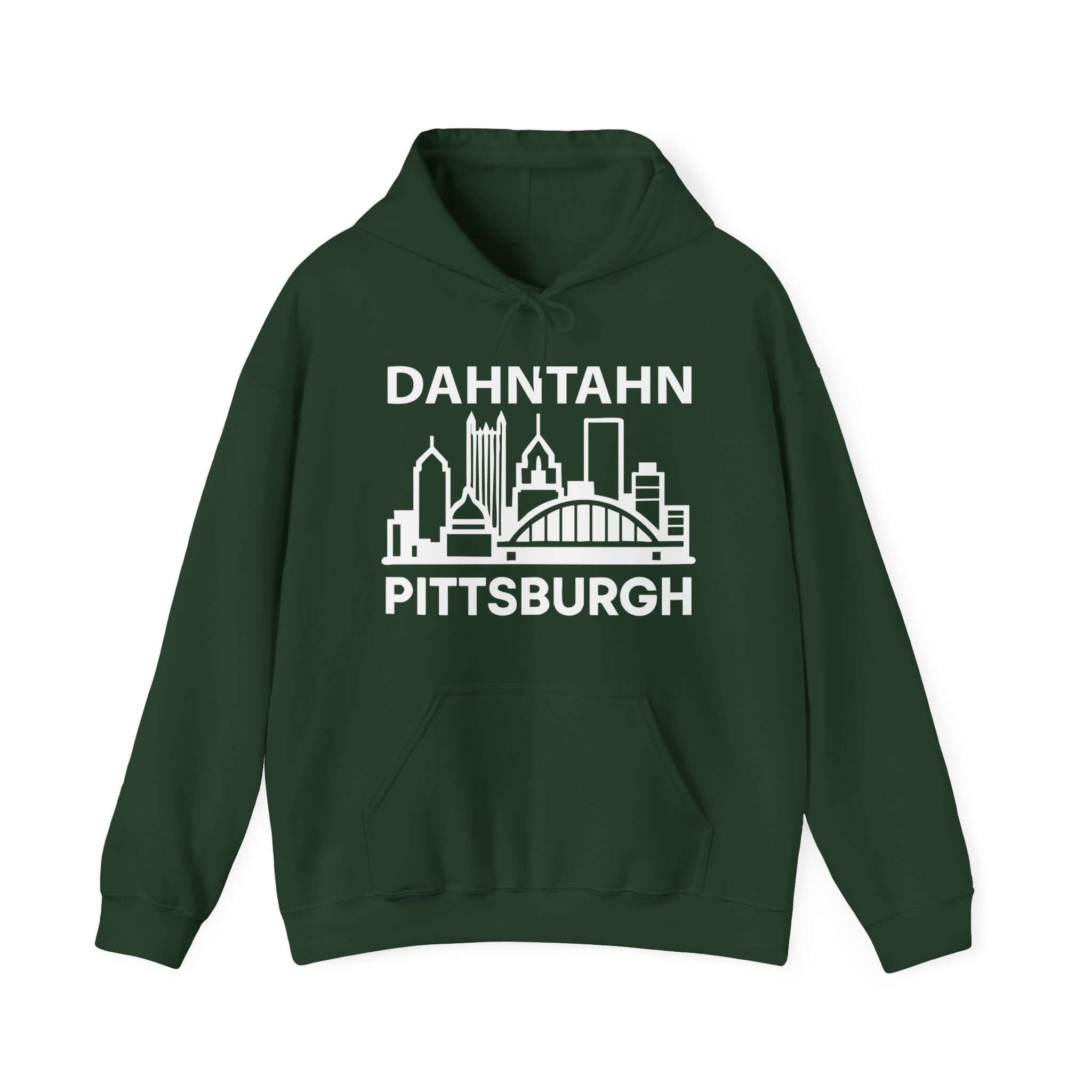 Dahntahn Pittsburgh Hoodie | White Logo. Apparel Color: Forest Green. 50/50 cotton-poly blend, cozy fit, kangaroo pocket, adjustable drawstring hood.