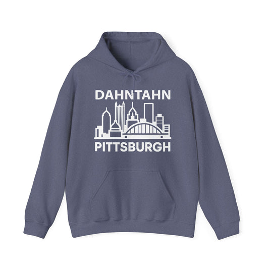 Dahntahn Pittsburgh Hoodie | White Logo. Apparel Color: Heather Navy. 50/50 cotton-poly blend, cozy fit, kangaroo pocket, adjustable drawstring hood.