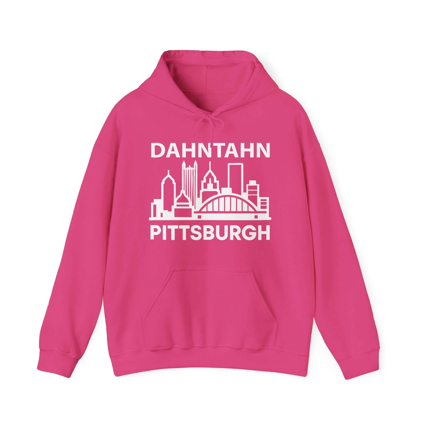 Dahntahn Pittsburgh Hoodie | White Logo. Apparel Color: Heliconia. 50/50 cotton-poly blend, cozy fit, kangaroo pocket, adjustable drawstring hood.