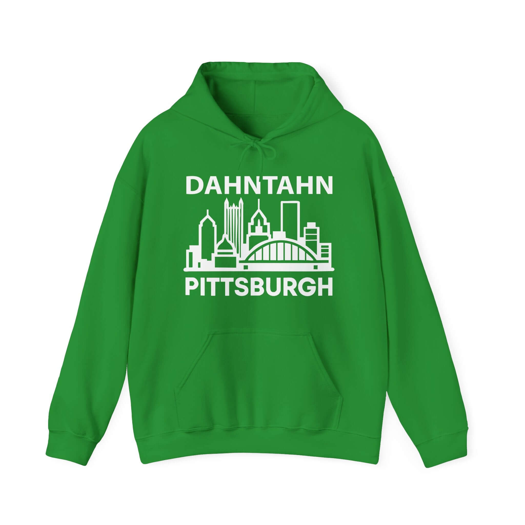 Dahntahn Pittsburgh Hoodie | White Logo. Apparel Color: Irish Green. 50/50 cotton-poly blend, cozy fit, kangaroo pocket, adjustable drawstring hood.