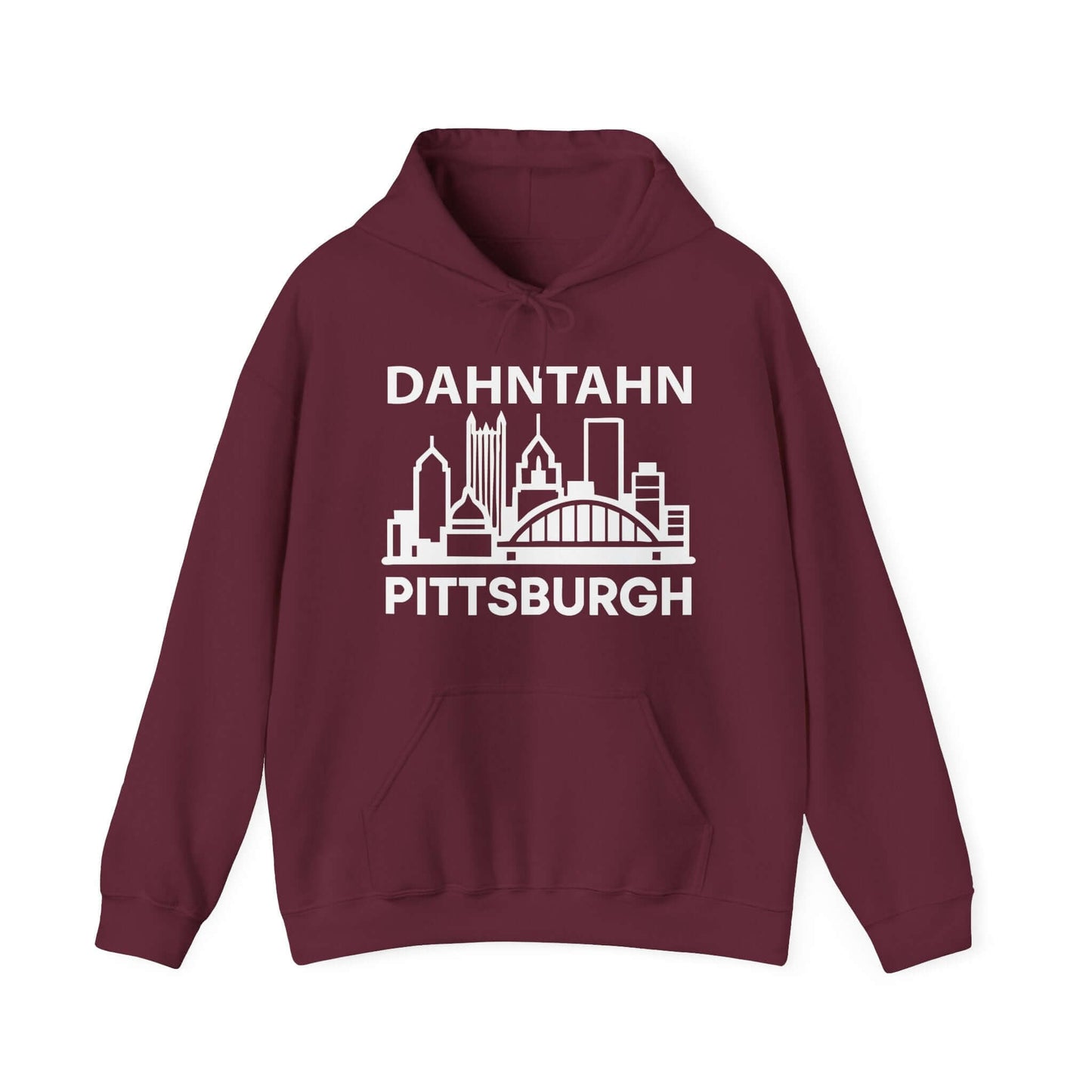 Dahntahn Pittsburgh Hoodie | White Logo. Apparel Color: Maroon. 50/50 cotton-poly blend, cozy fit, kangaroo pocket, adjustable drawstring hood.