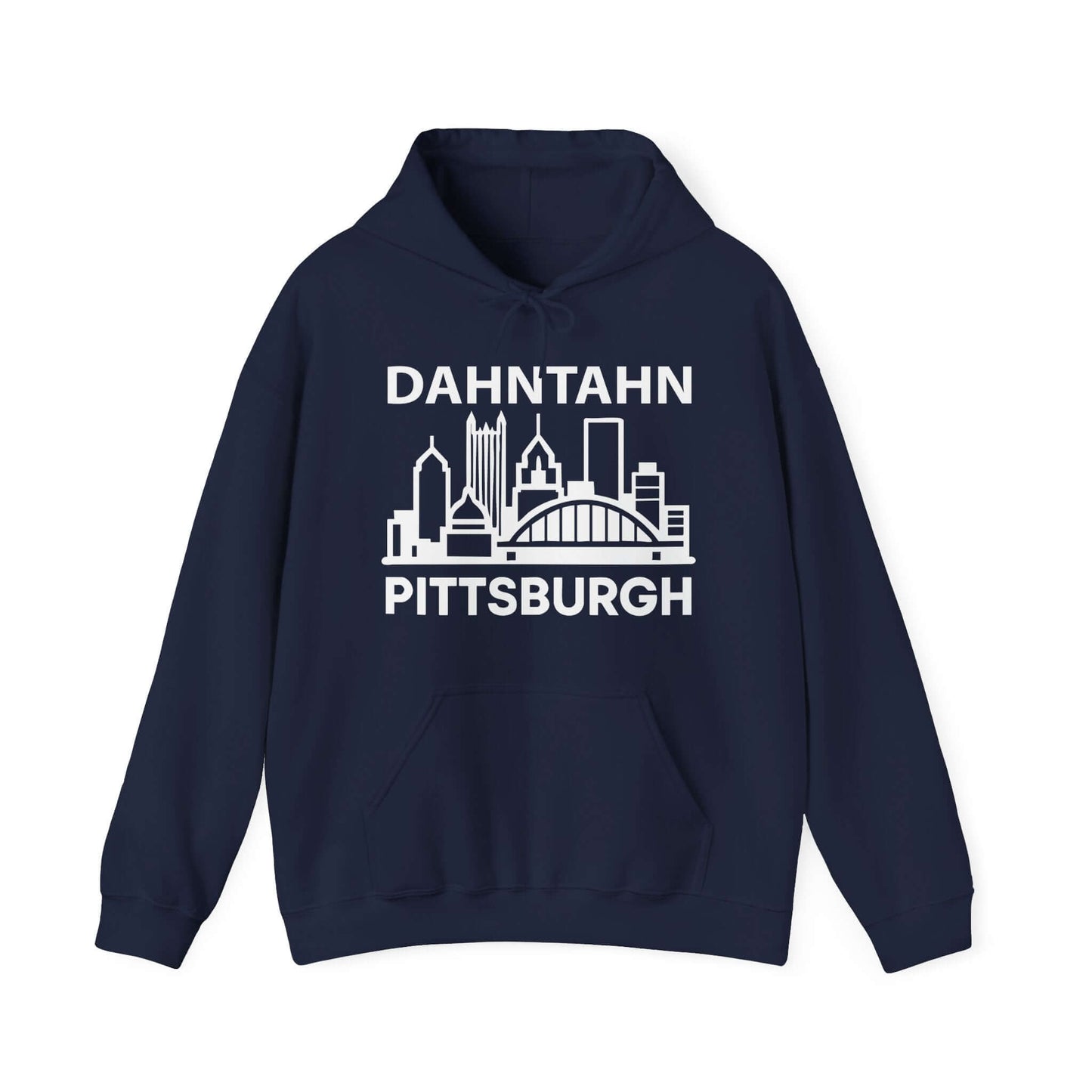 Dahntahn Pittsburgh Hoodie | White Logo. Apparel Color: Navy. 50/50 cotton-poly blend, cozy fit, kangaroo pocket, adjustable drawstring hood.