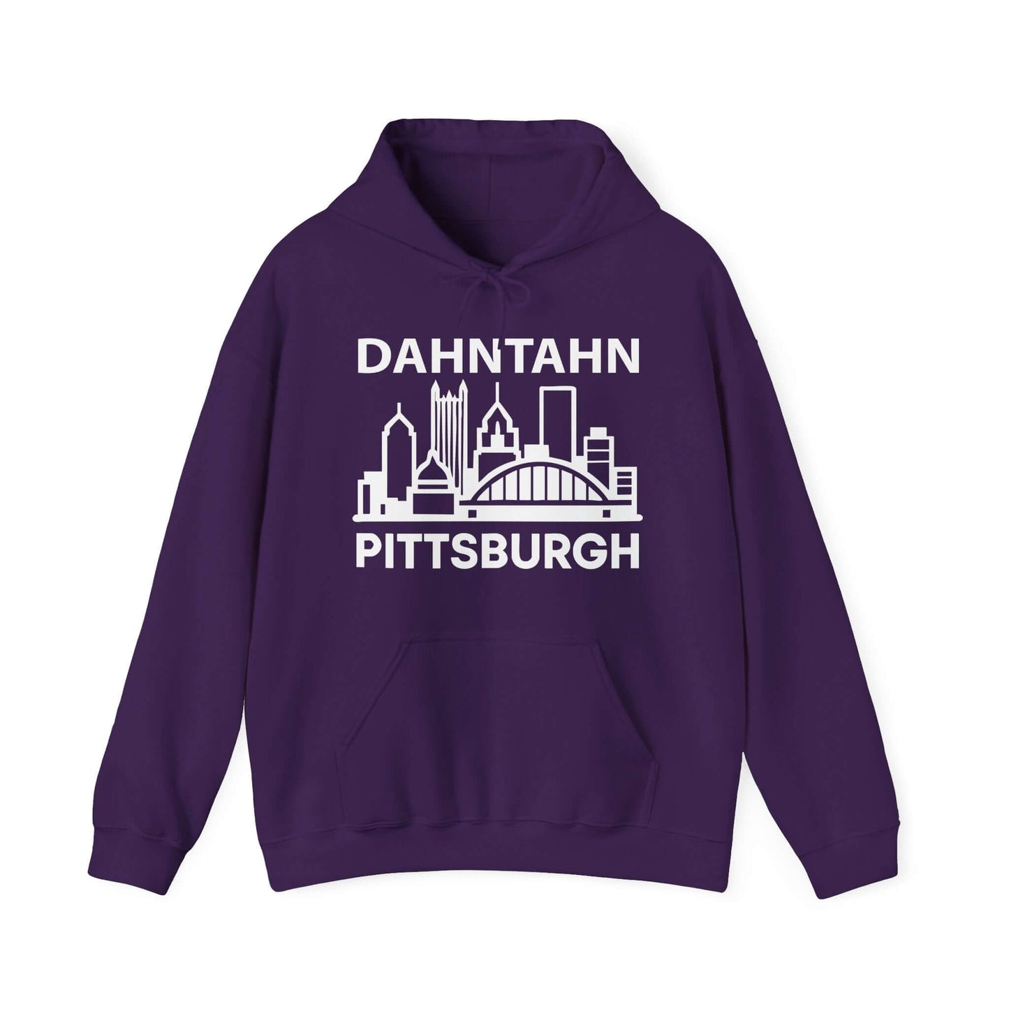 Dahntahn Pittsburgh Hoodie | White Logo. Apparel Color: Purple. 50/50 cotton-poly blend, cozy fit, kangaroo pocket, adjustable drawstring hood.