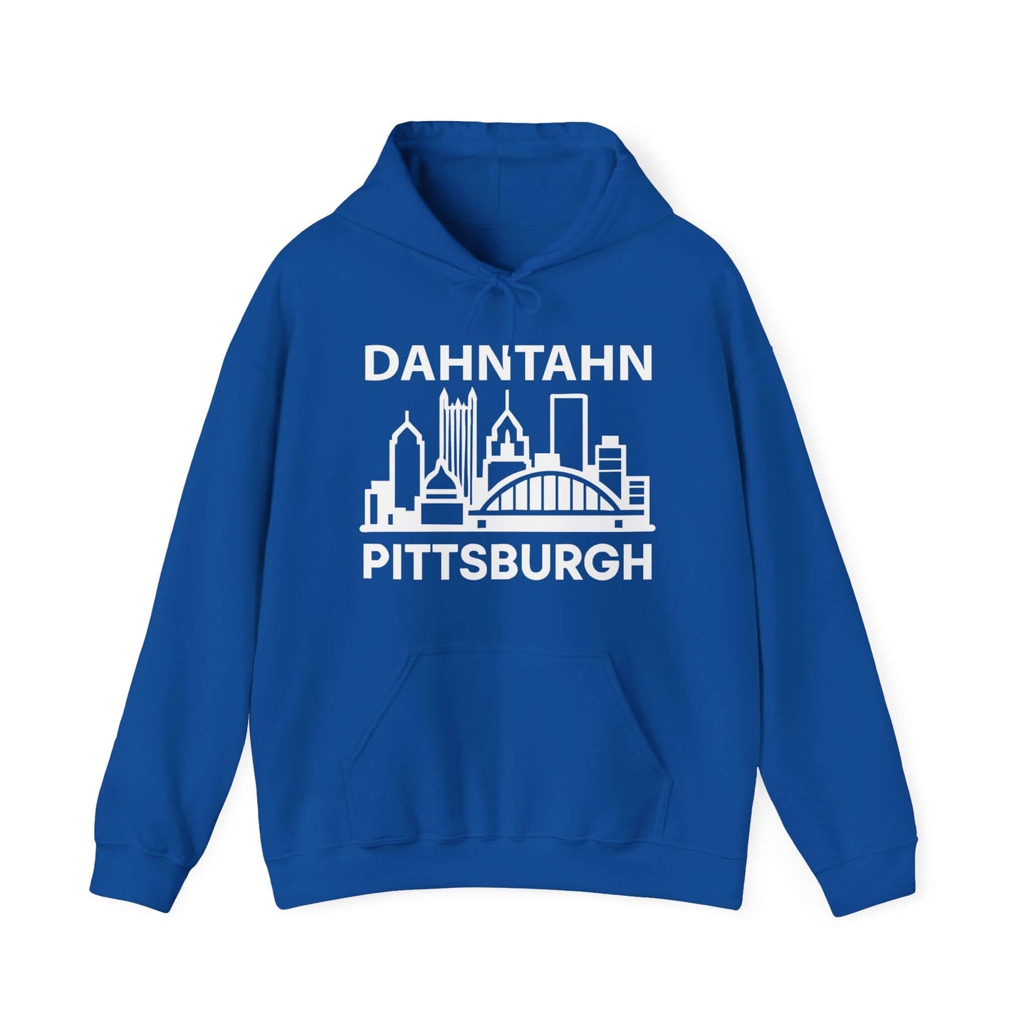 Dahntahn Pittsburgh Hoodie | White Logo. Apparel Color: Royal. 50/50 cotton-poly blend, cozy fit, kangaroo pocket, adjustable drawstring hood.