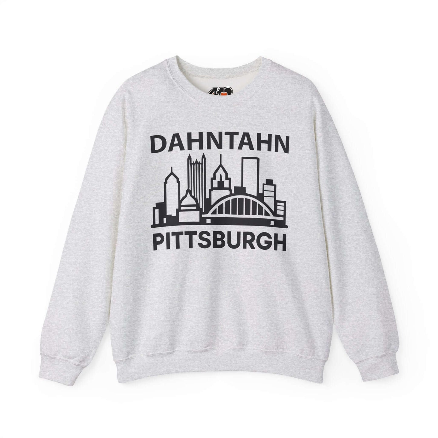 Dahntahn Pittsburgh Sweatshirt | Black Logo. Apparel Color: Ash. A blend of 50% cotton and 50% polyester for cozy durability. With an Elastic ribbed collar, and Double-needle stitching.