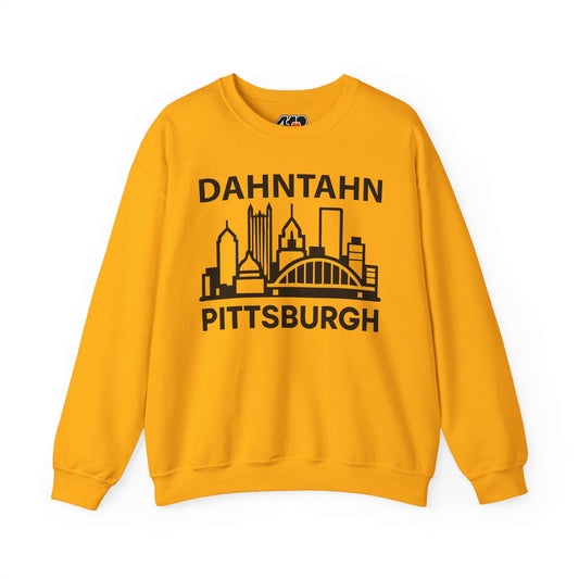 Dahntahn Pittsburgh Sweatshirt | Black Logo. Apparel Color: Gold. A blend of 50% cotton and 50% polyester for cozy durability. With an Elastic ribbed collar, and Double-needle stitching.