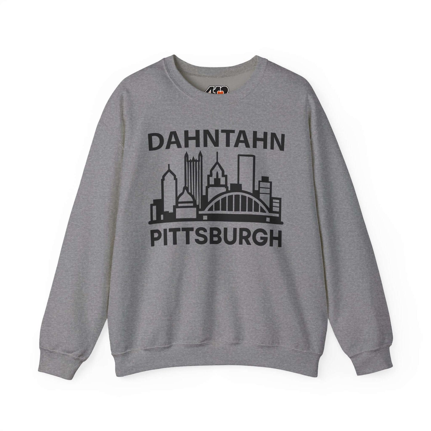 Dahntahn Pittsburgh Sweatshirt | Black Logo. Apparel Color: Graphite Heather. A blend of 50% cotton and 50% polyester for cozy durability. With an Elastic ribbed collar, and Double-needle stitching.