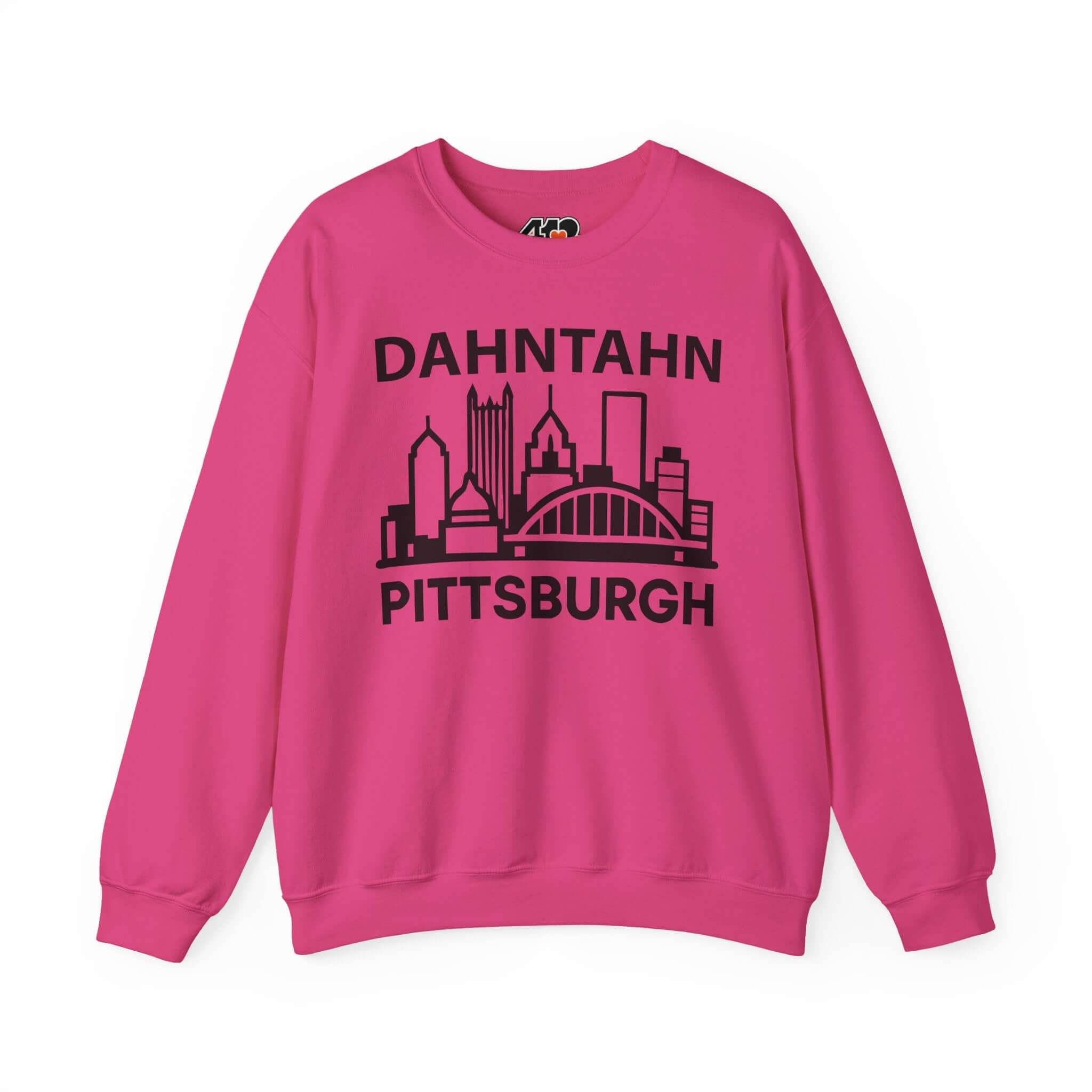 Dahntahn Pittsburgh Sweatshirt | Black Logo. Apparel Color: Heliconia. A blend of 50% cotton and 50% polyester for cozy durability. With an Elastic ribbed collar, and Double-needle stitching.