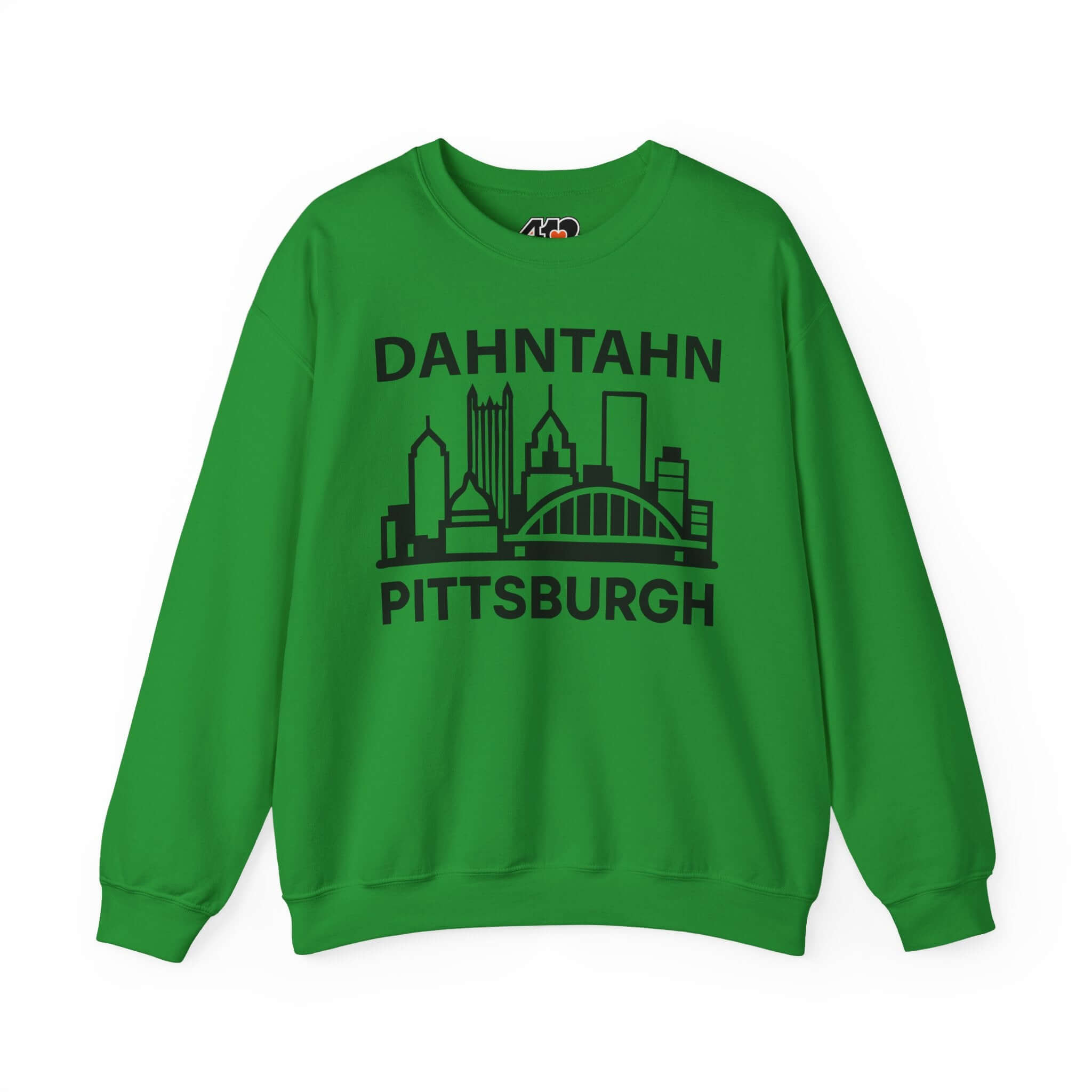 Dahntahn Pittsburgh Sweatshirt | Black Logo. Apparel Color: Irish Green. A blend of 50% cotton and 50% polyester for cozy durability. With an Elastic ribbed collar, and Double-needle stitching.