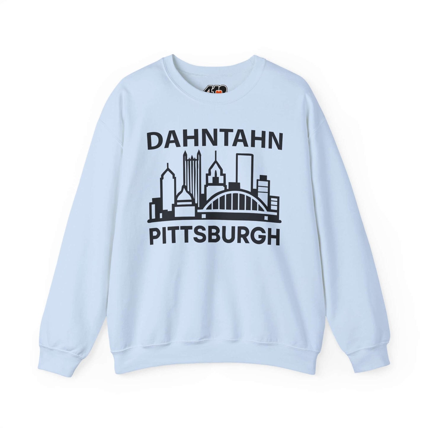 Dahntahn Pittsburgh Sweatshirt | Black Logo. Apparel Color: Light Blue. A blend of 50% cotton and 50% polyester for cozy durability. With an Elastic ribbed collar, and Double-needle stitching.