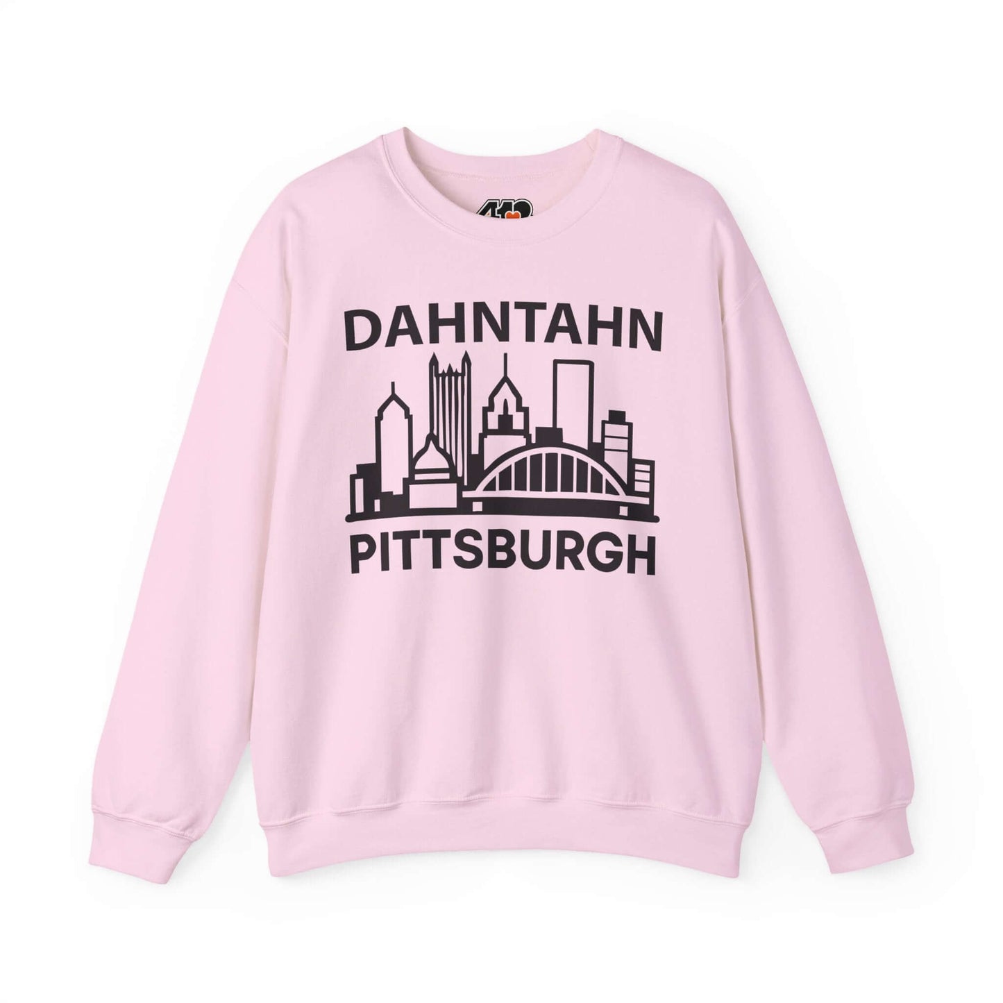 Dahntahn Pittsburgh Sweatshirt | Black Logo. Apparel Color: Light Pink. A blend of 50% cotton and 50% polyester for cozy durability. With an Elastic ribbed collar, and Double-needle stitching.