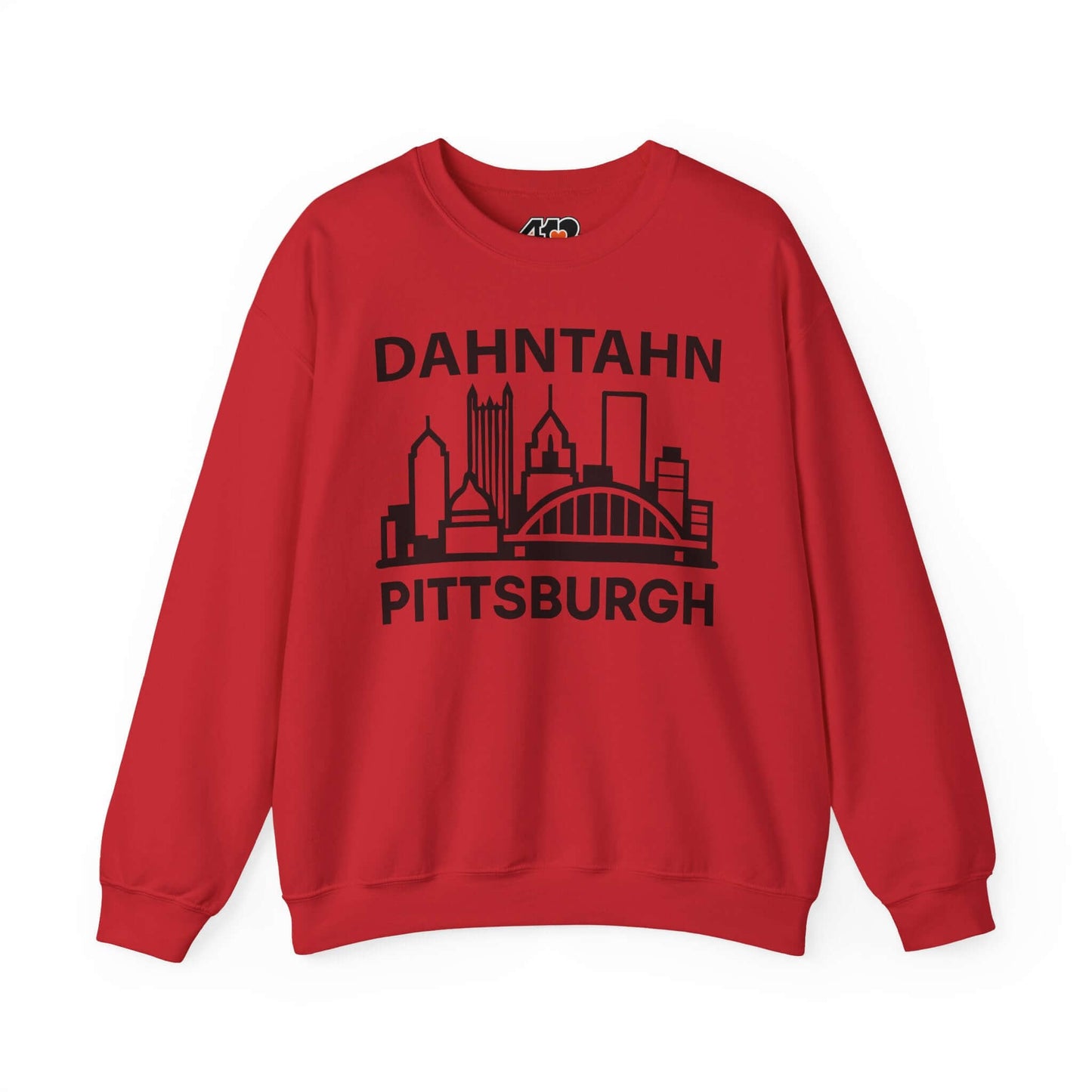 Dahntahn Pittsburgh Sweatshirt | Black Logo. Apparel Color: Red. A blend of 50% cotton and 50% polyester for cozy durability. With an Elastic ribbed collar, and Double-needle stitching.