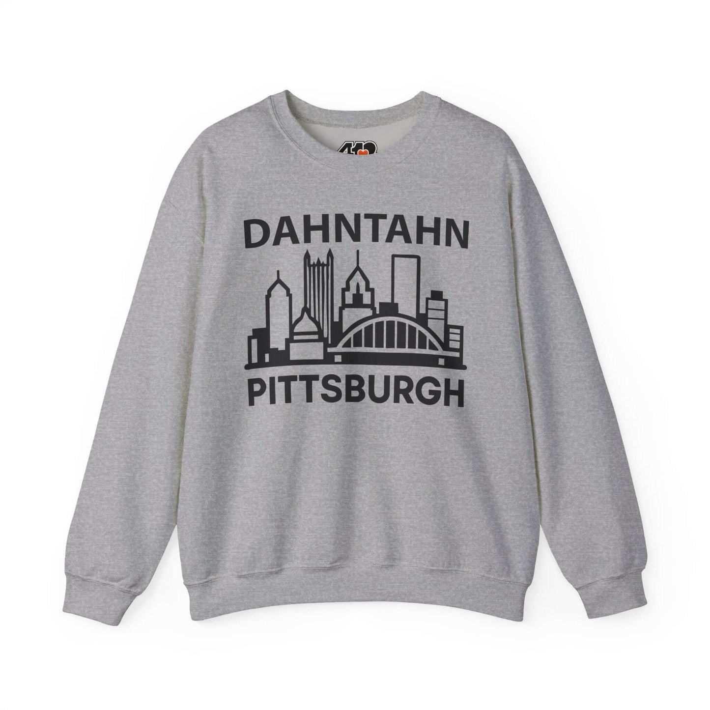 Dahntahn Pittsburgh Sweatshirt | Black Logo. Apparel Color: Sport Grey. A blend of 50% cotton and 50% polyester for cozy durability. With an Elastic ribbed collar, and Double-needle stitching.