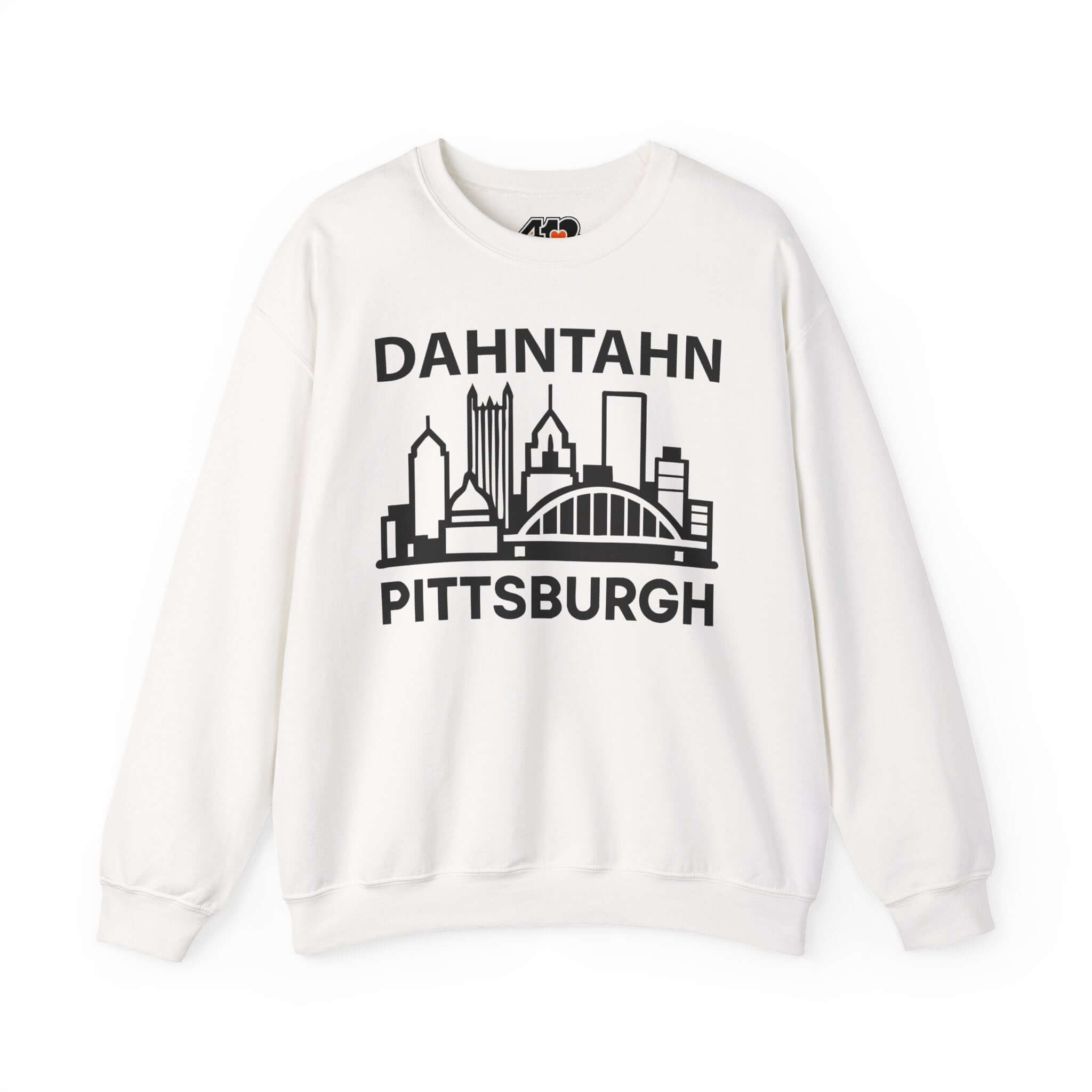 Dahntahn Pittsburgh Sweatshirt | Black Logo. Apparel Color: White. A blend of 50% cotton and 50% polyester for cozy durability. With an Elastic ribbed collar, and Double-needle stitching.