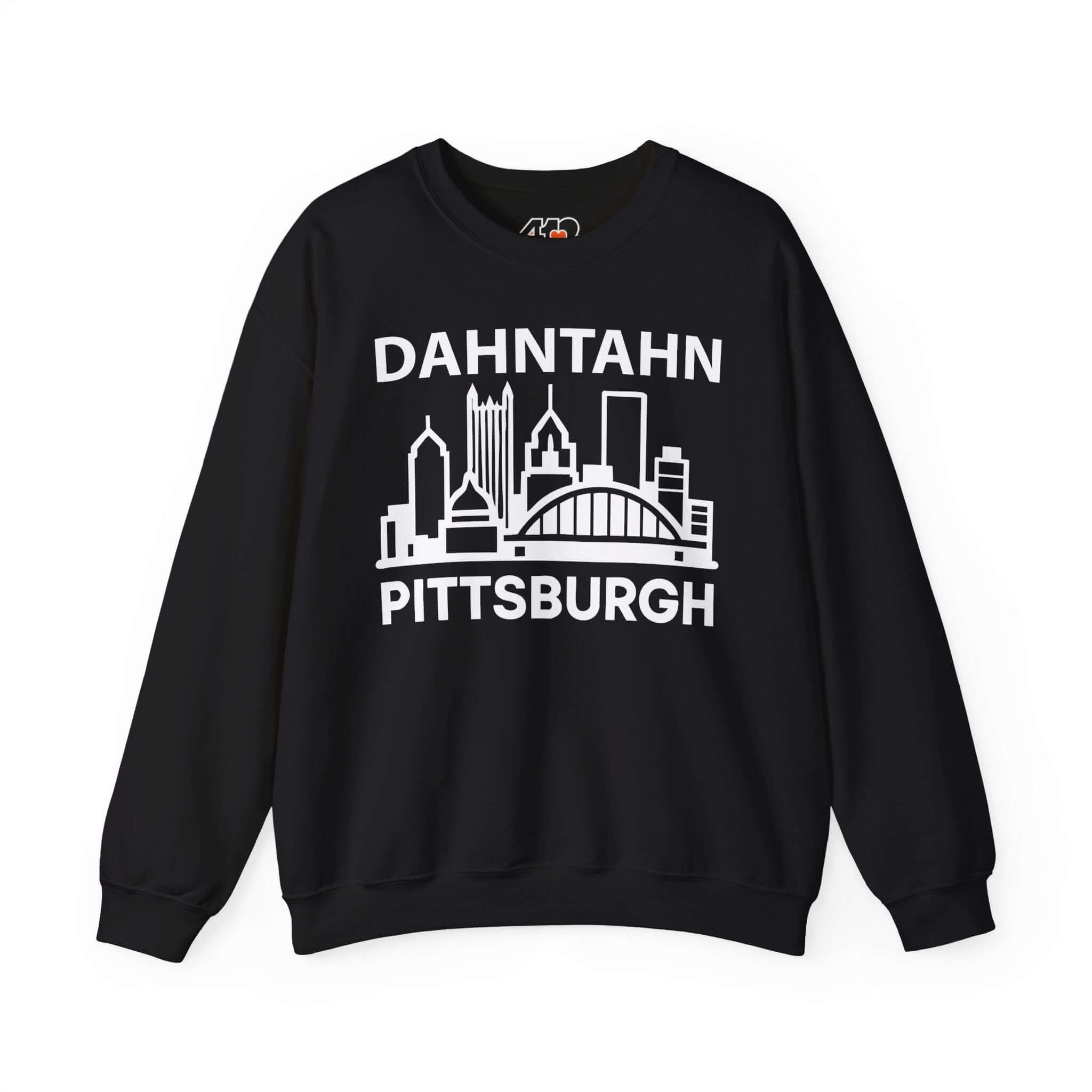 Dahntahn Pittsburgh Sweatshirt | White Logo. Apparel Color: Black. A blend of 50% cotton and 50% polyester for cozy durability. With an Elastic ribbed collar, and Double-needle stitching.