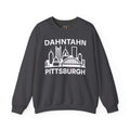 Dahntahn Pittsburgh Sweatshirt | White Logo. Apparel Color: Dark Heather. A blend of 50% cotton and 50% polyester for cozy durability. With an Elastic ribbed collar, and Double-needle stitching.