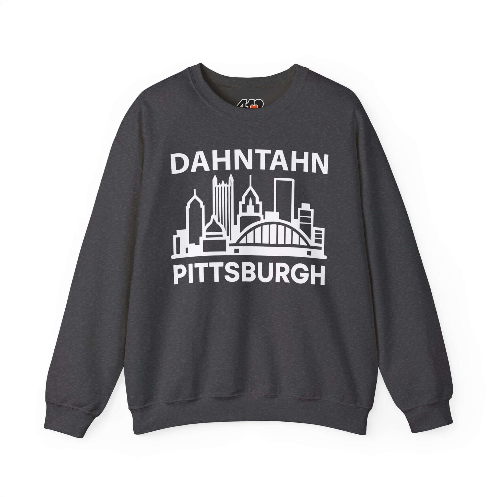 Dahntahn Pittsburgh Sweatshirt | White Logo. Apparel Color: Dark Heather. A blend of 50% cotton and 50% polyester for cozy durability. With an Elastic ribbed collar, and Double-needle stitching.