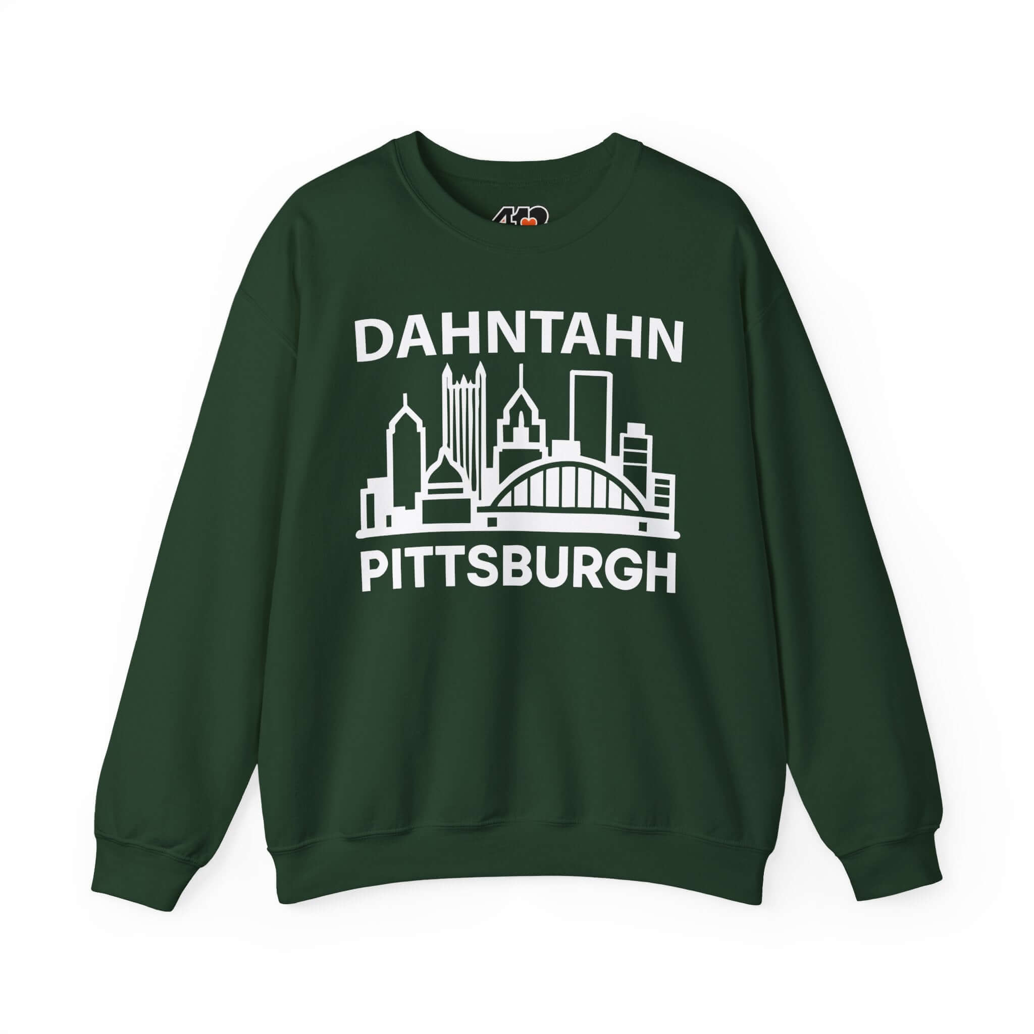 Dahntahn Pittsburgh Sweatshirt | White Logo. Apparel Color: Forest Green. A blend of 50% cotton and 50% polyester for cozy durability. With an Elastic ribbed collar, and Double-needle stitching.