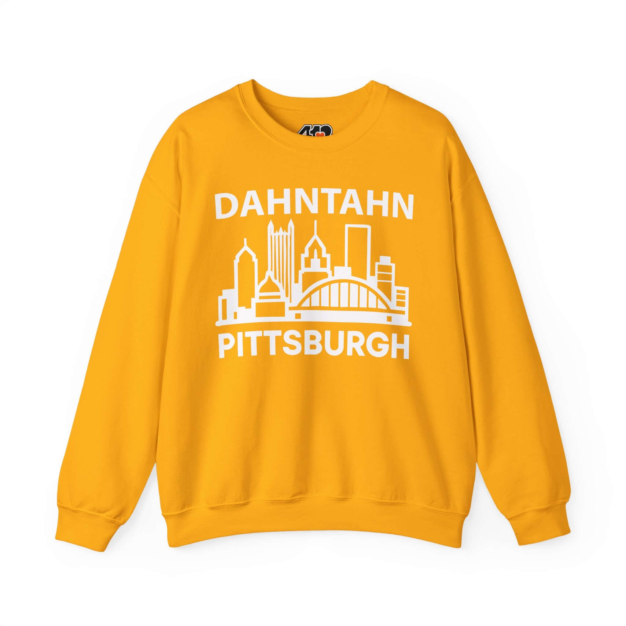 Dahntahn Pittsburgh Sweatshirt | White Logo. Apparel Color: Gold. A blend of 50% cotton and 50% polyester for cozy durability. With an Elastic ribbed collar, and Double-needle stitching.