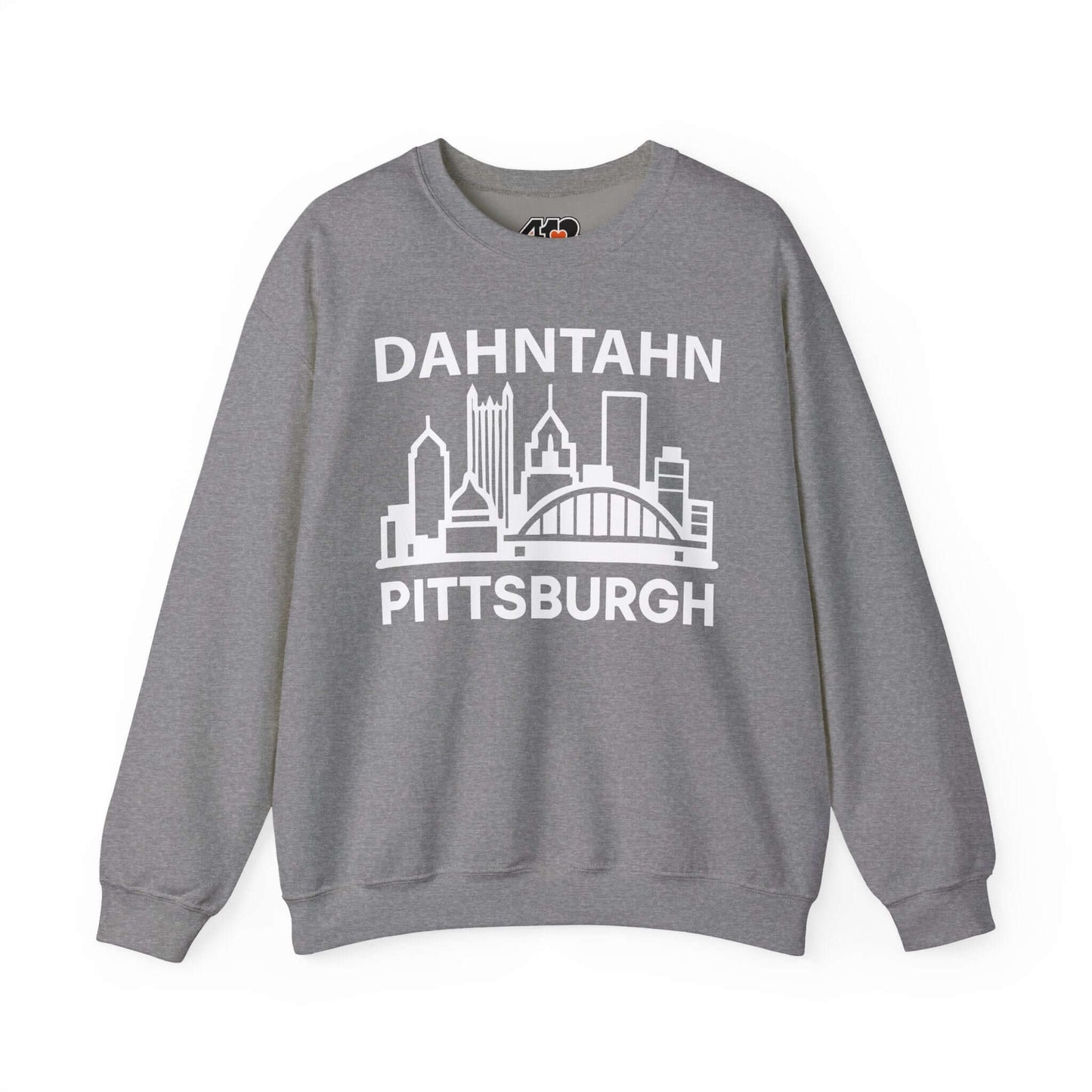 Dahntahn Pittsburgh Sweatshirt | White Logo. Apparel Color: Graphite Heather. A blend of 50% cotton and 50% polyester for cozy durability. With an Elastic ribbed collar, and Double-needle stitching.