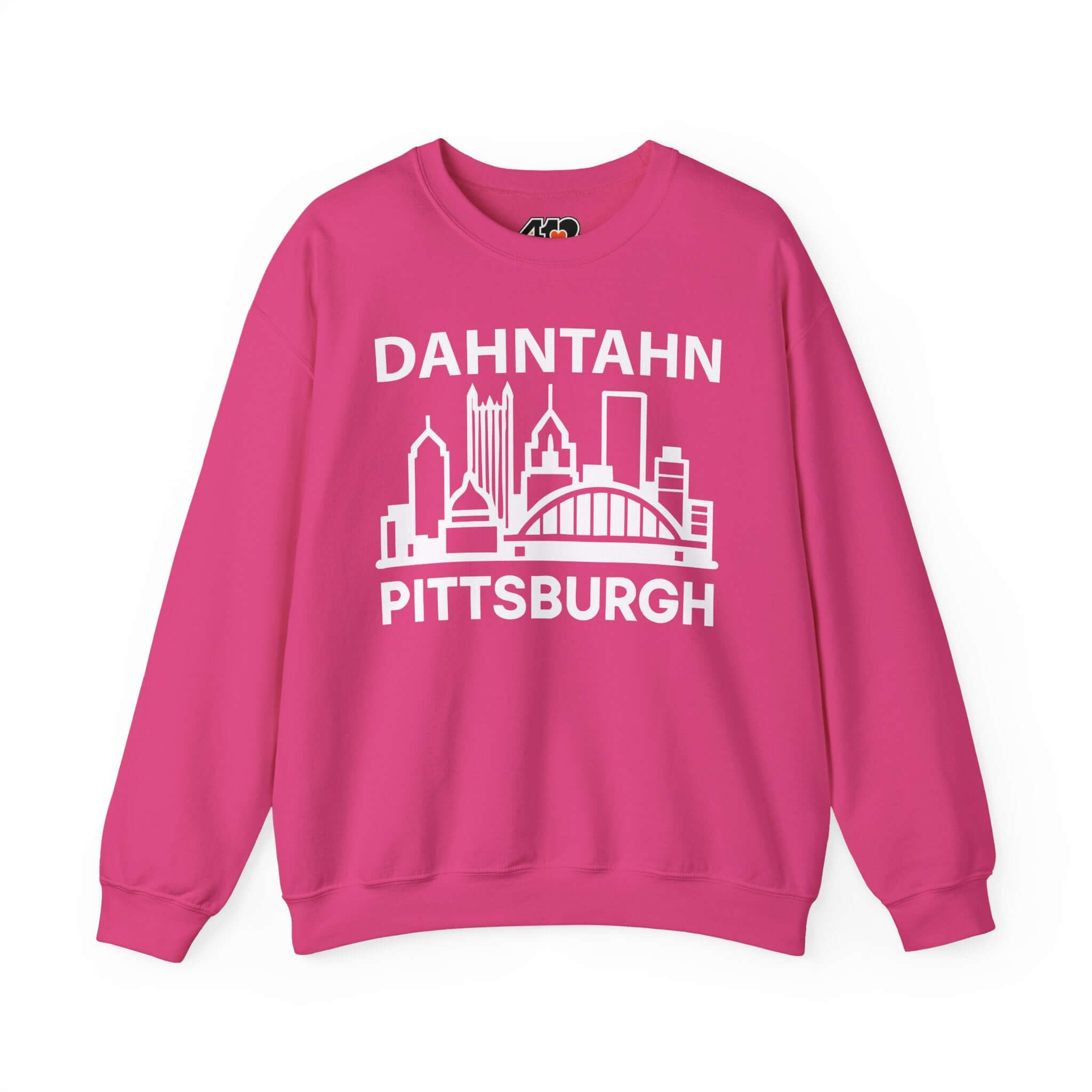Dahntahn Pittsburgh Sweatshirt | White Logo. Apparel Color: Heliconia. A blend of 50% cotton and 50% polyester for cozy durability. With an Elastic ribbed collar, and Double-needle stitching.