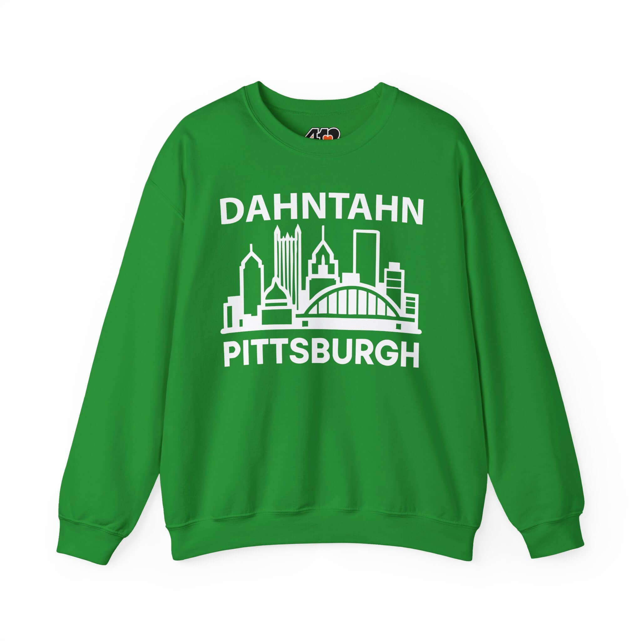 Dahntahn Pittsburgh Sweatshirt | White Logo. Apparel Color: Irish Green. A blend of 50% cotton and 50% polyester for cozy durability. With an Elastic ribbed collar, and Double-needle stitching.