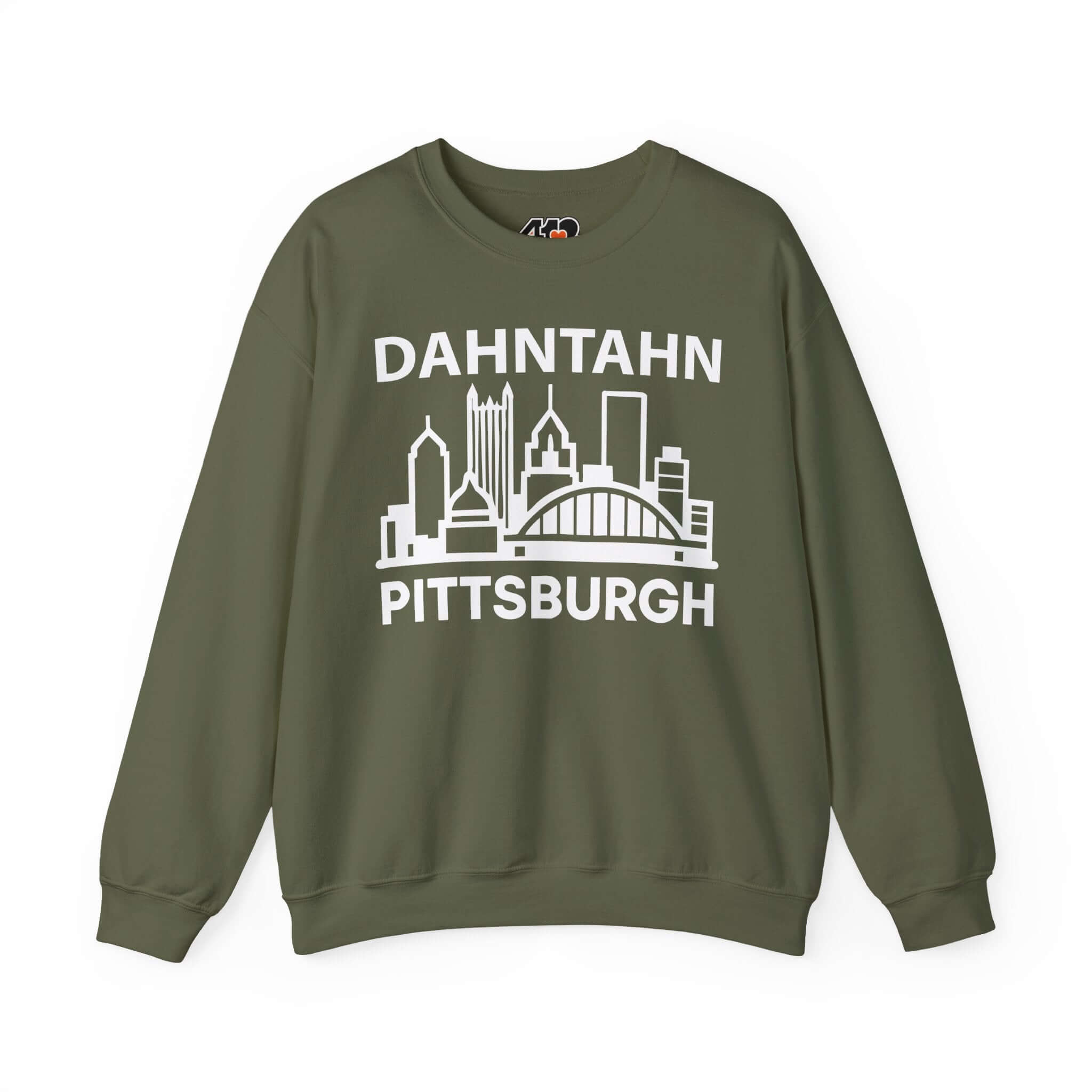 Dahntahn Pittsburgh Sweatshirt | White Logo. Apparel Color: Military Green. A blend of 50% cotton and 50% polyester for cozy durability. With an Elastic ribbed collar, and Double-needle stitching.