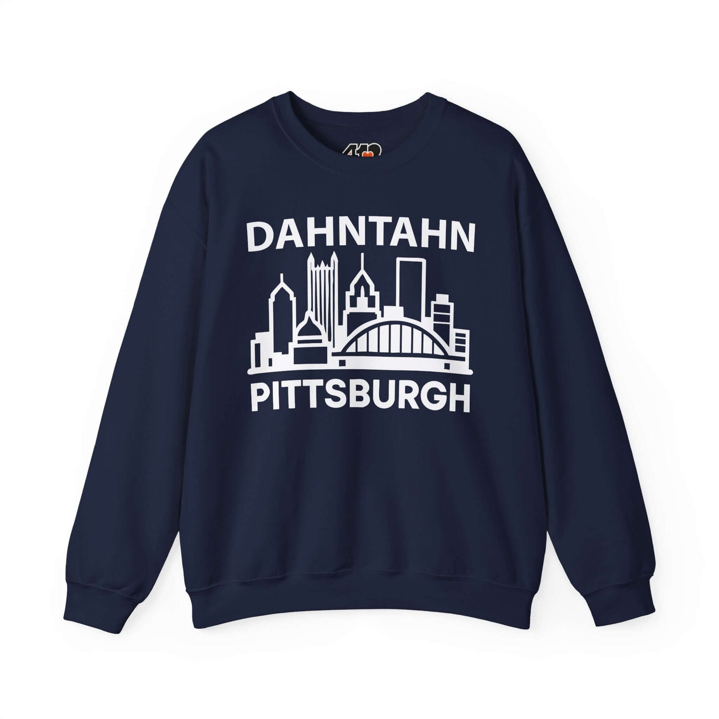 Dahntahn Pittsburgh Sweatshirt | White Logo. Apparel Color: Navy. A blend of 50% cotton and 50% polyester for cozy durability. With an Elastic ribbed collar, and Double-needle stitching.