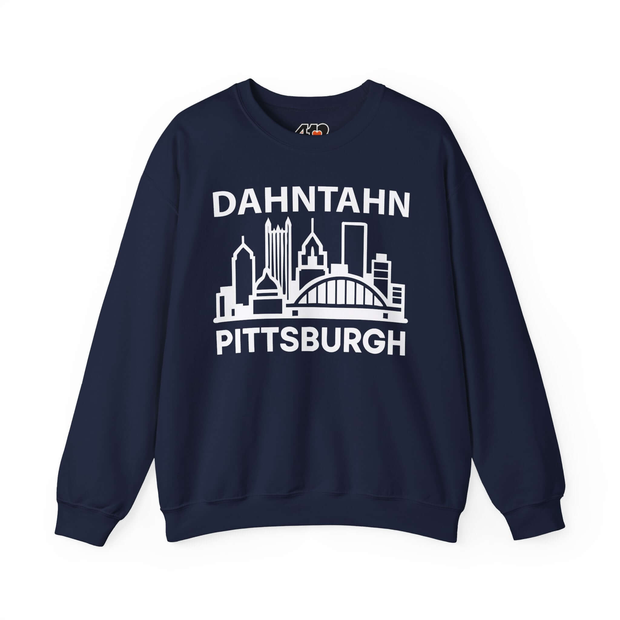 Dahntahn Pittsburgh Sweatshirt | White Logo. Apparel Color: Navy. A blend of 50% cotton and 50% polyester for cozy durability. With an Elastic ribbed collar, and Double-needle stitching.