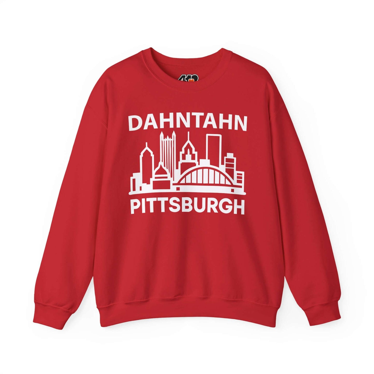 Dahntahn Pittsburgh Sweatshirt | White Logo. Apparel Color: Red. A blend of 50% cotton and 50% polyester for cozy durability. With an Elastic ribbed collar, and Double-needle stitching.