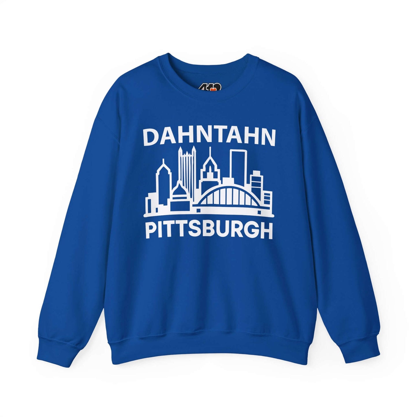 Dahntahn Pittsburgh Sweatshirt | White Logo. Apparel Color: Royal. A blend of 50% cotton and 50% polyester for cozy durability. With an Elastic ribbed collar, and Double-needle stitching.