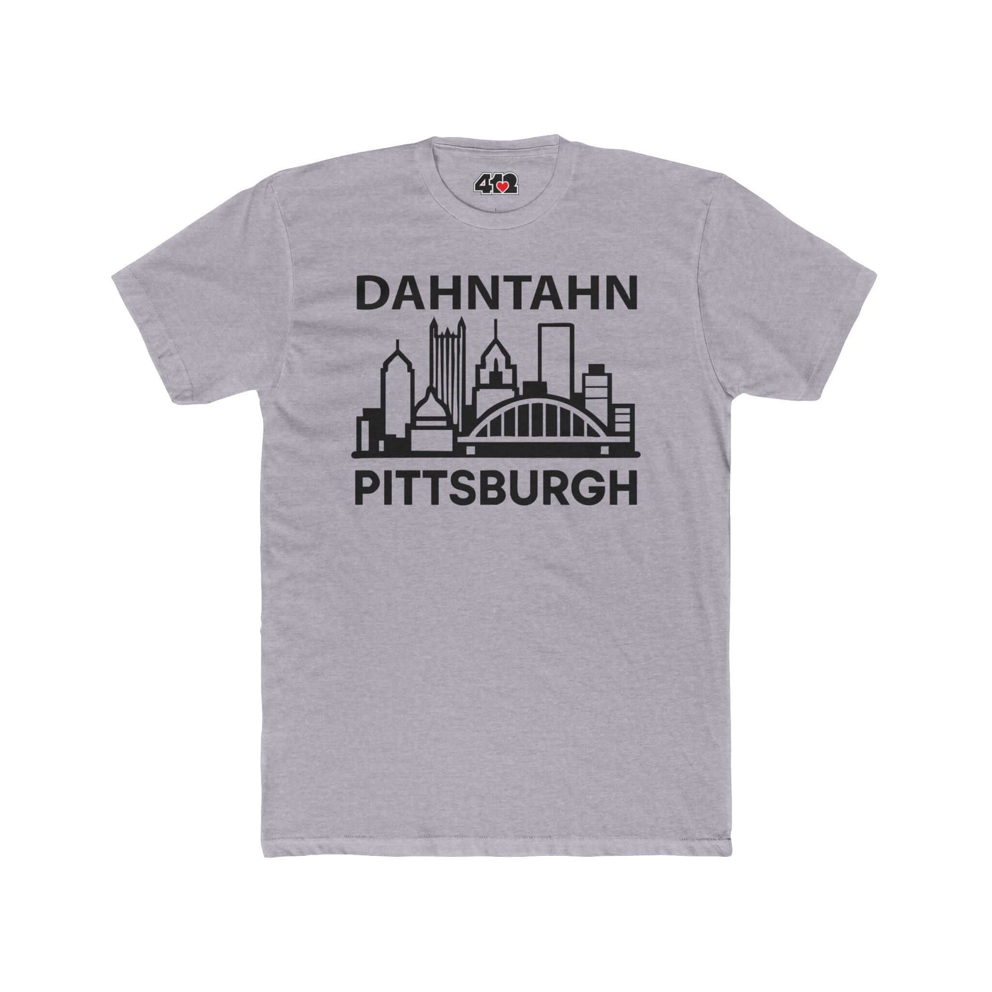 Dahntahn Pittsburgh T-Shirt | Black Logo. Apparel Color: Heather Grey. Tailored fit T-Shirt with breathable cotton fabric, and classic neckline.